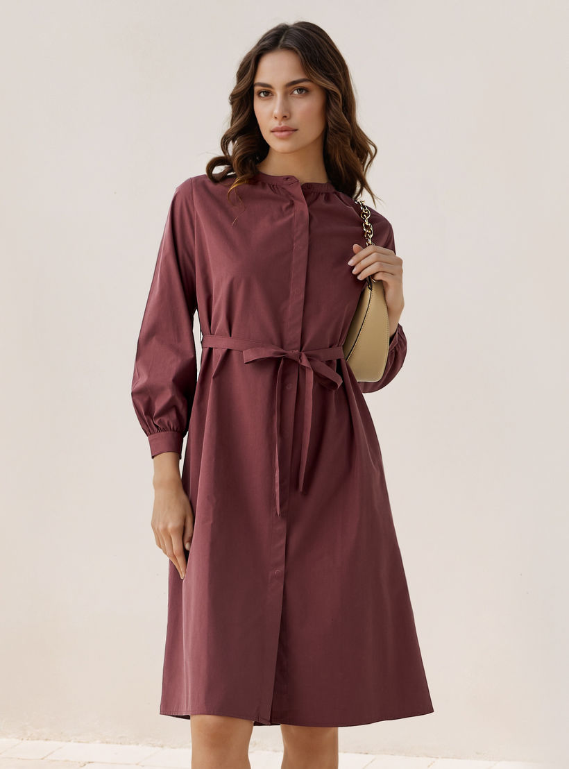 فستان قميص ميدي بحزام خصر برباط-women-clothing-dresses-image-1
