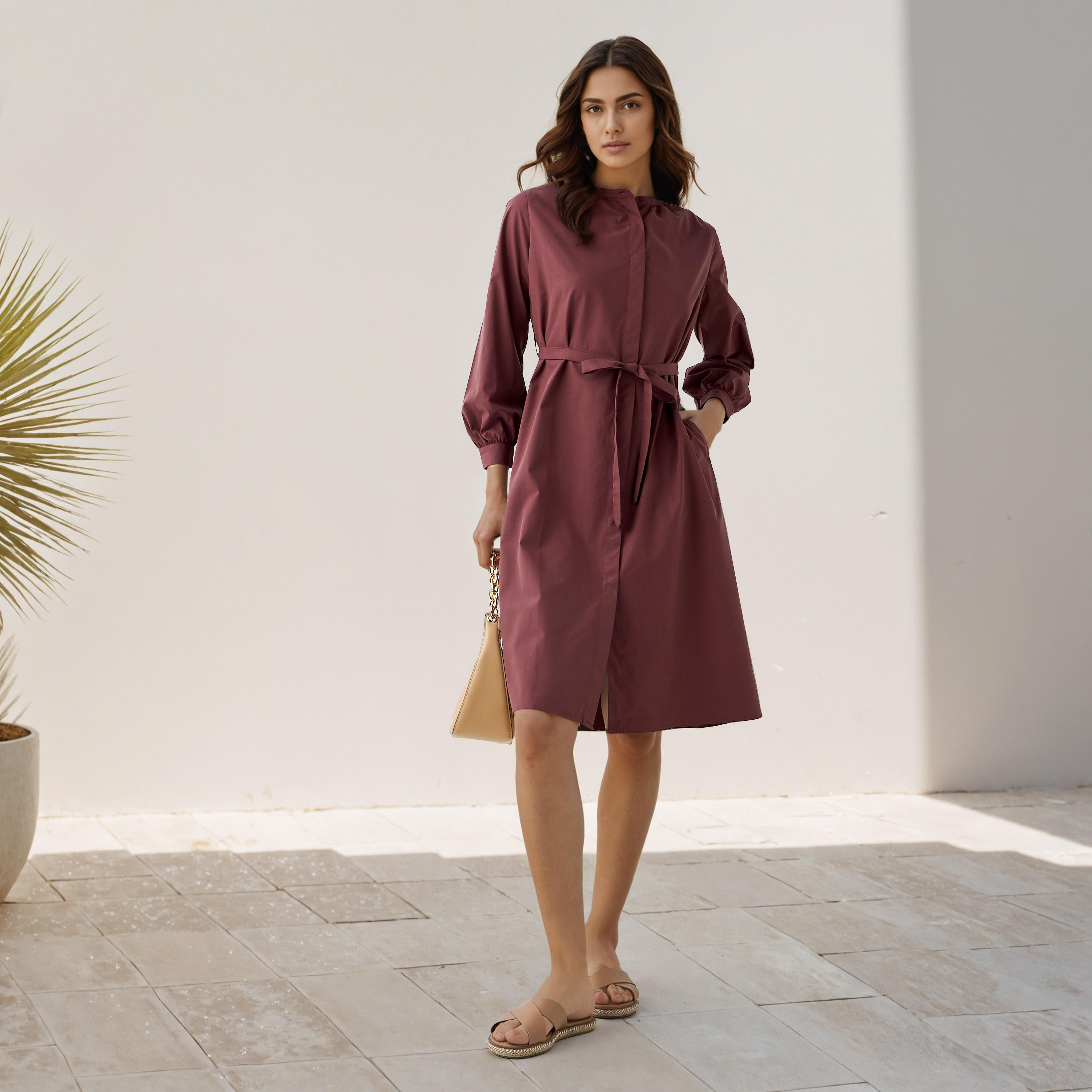 Shirt Knee-Length Dress with Waist Tie-Up-women-clothing-dresses-image-2