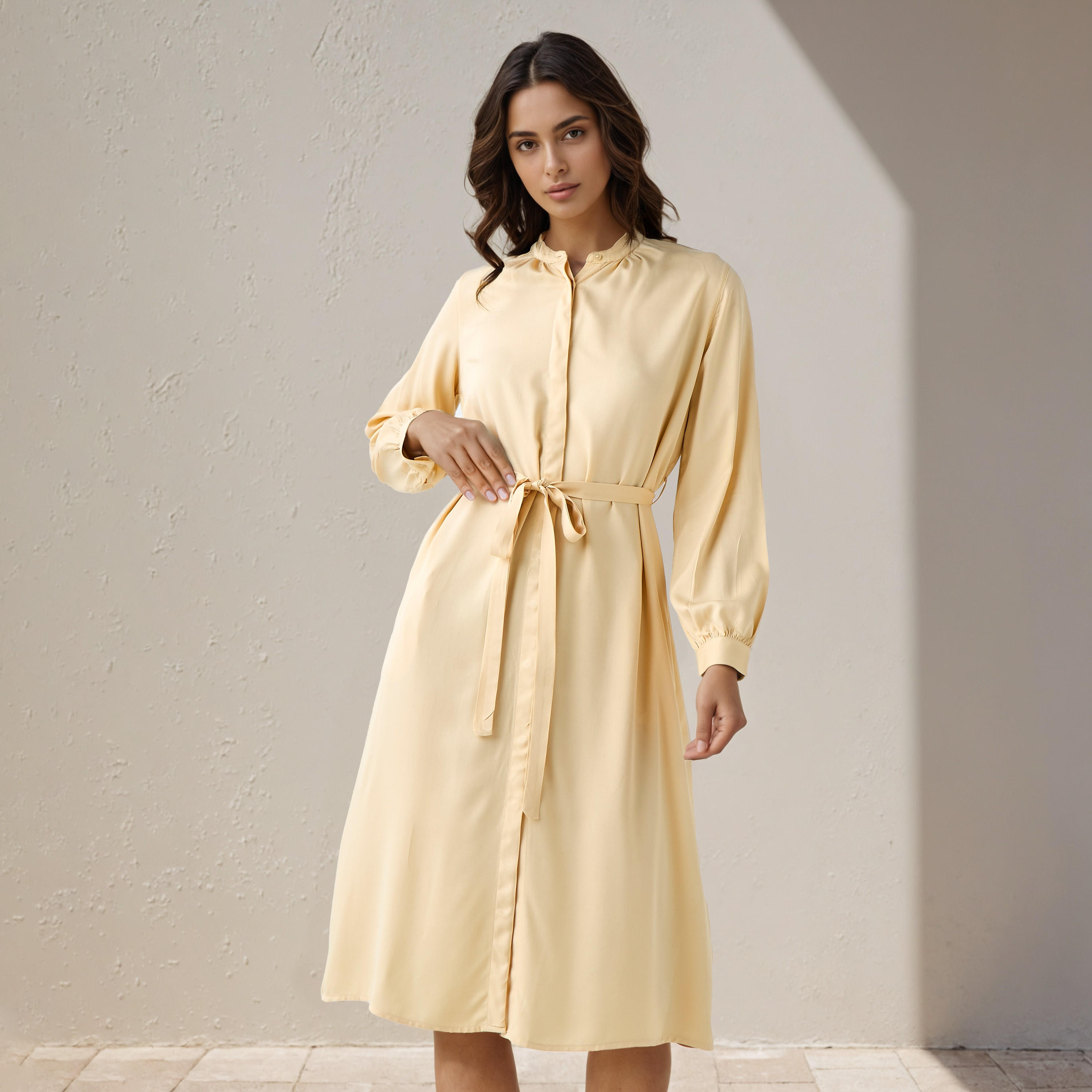 Shirt Midi Rayon Dress with Mandarin Collar-women-clothing-dresses-image-1