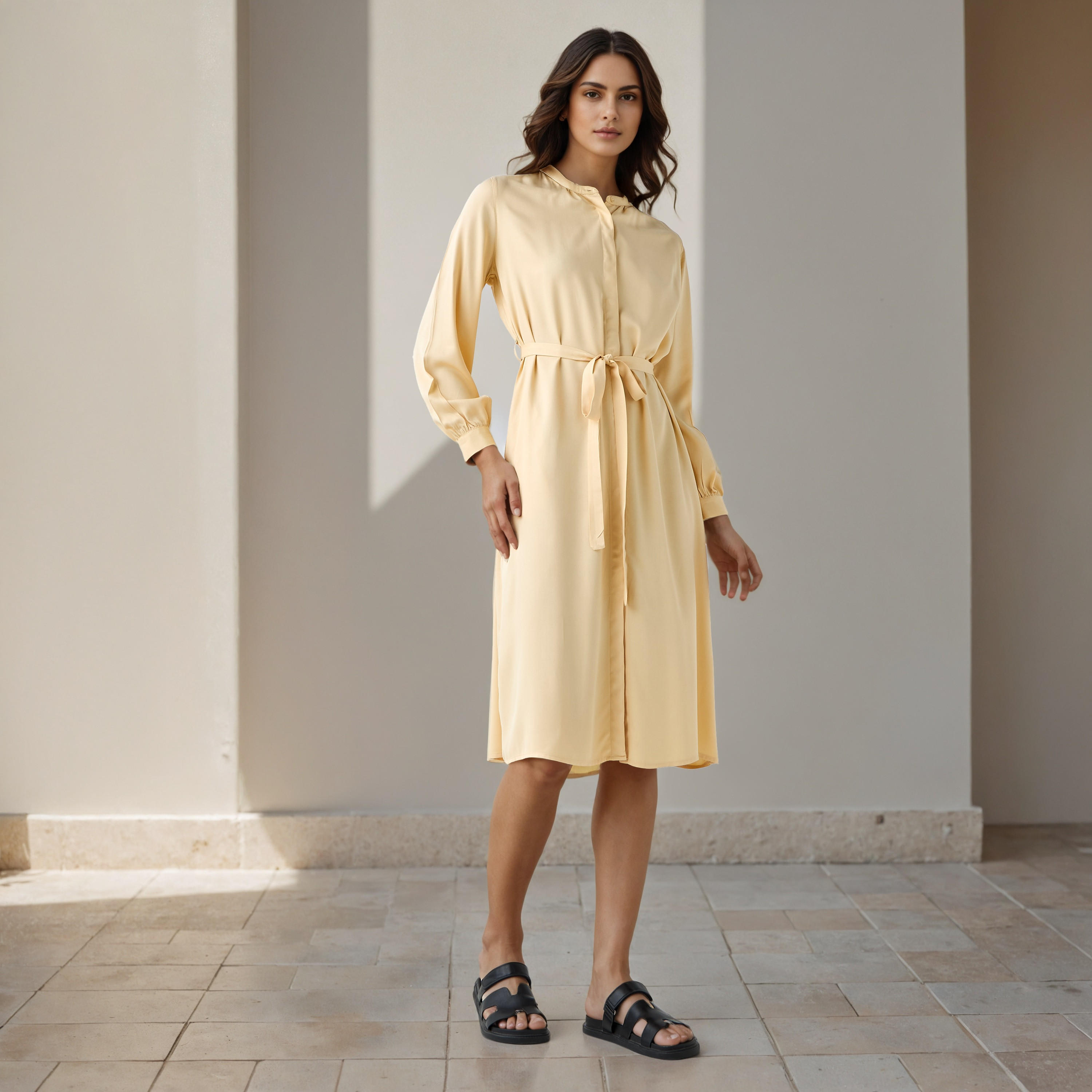 Shirt Midi Rayon Dress with Mandarin Collar-women-clothing-dresses-image-2
