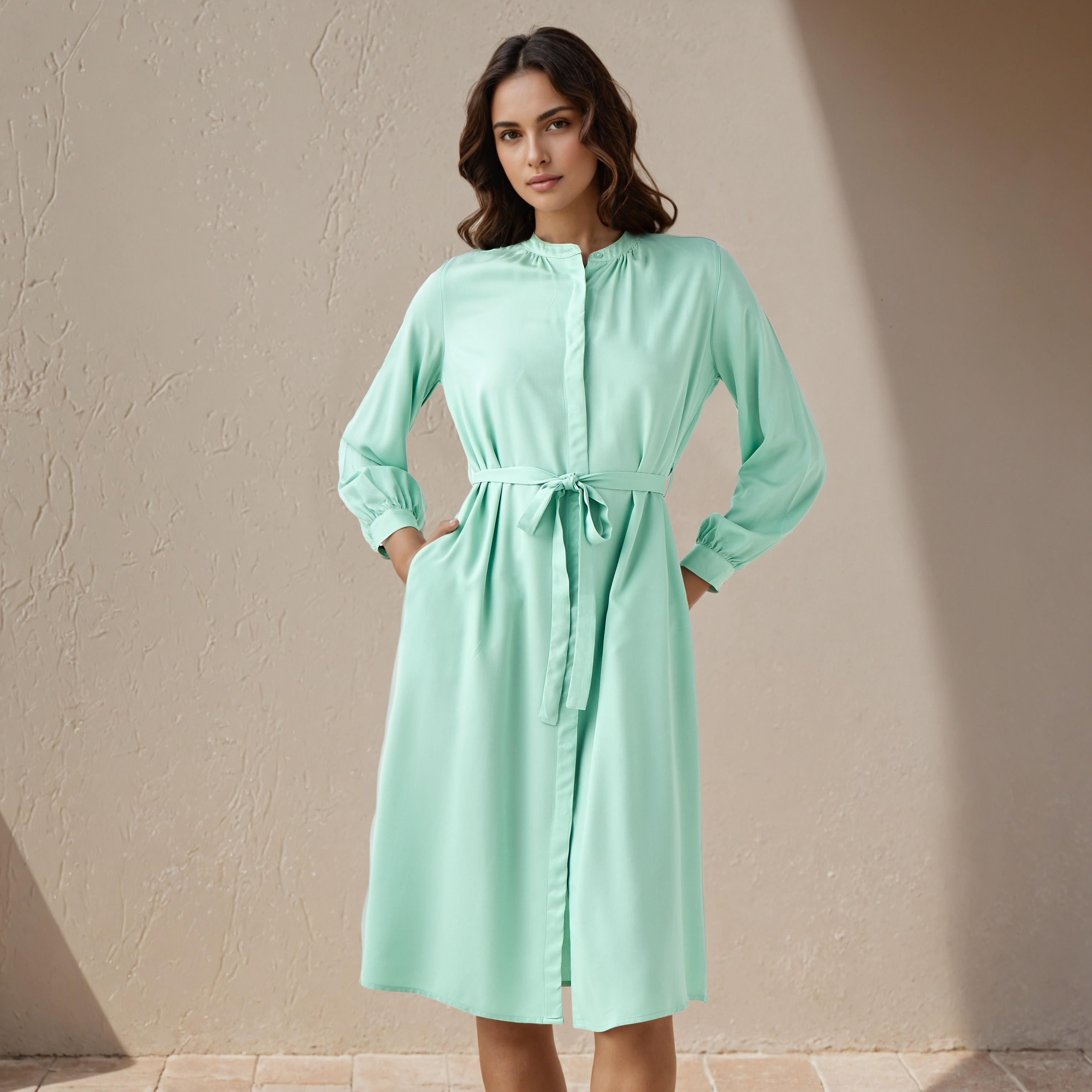 Shirt Midi Rayon Dress with Mandarin Collar-women-clothing-dresses-image-1