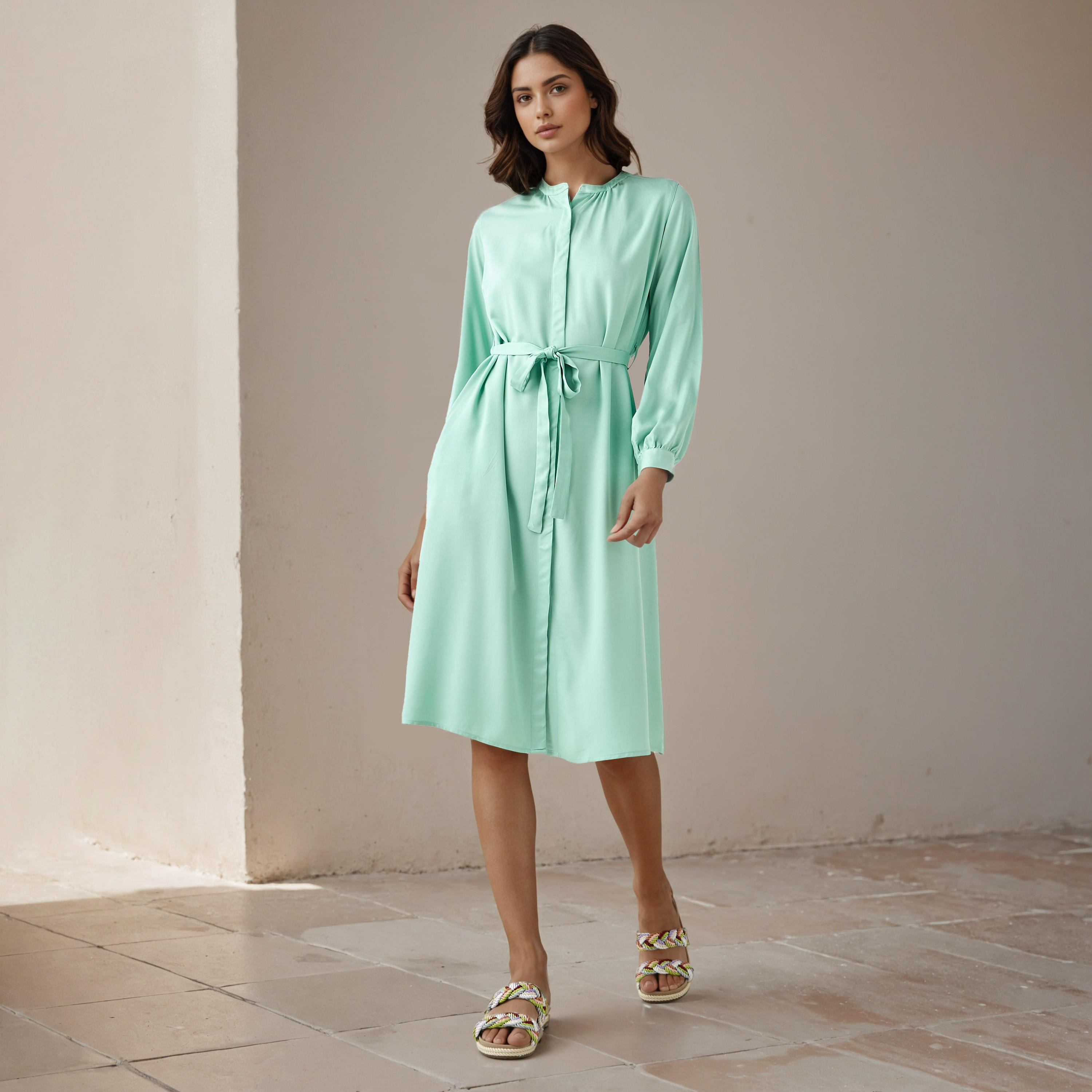 Shirt Midi Rayon Dress with Mandarin Collar-women-clothing-dresses-image-2