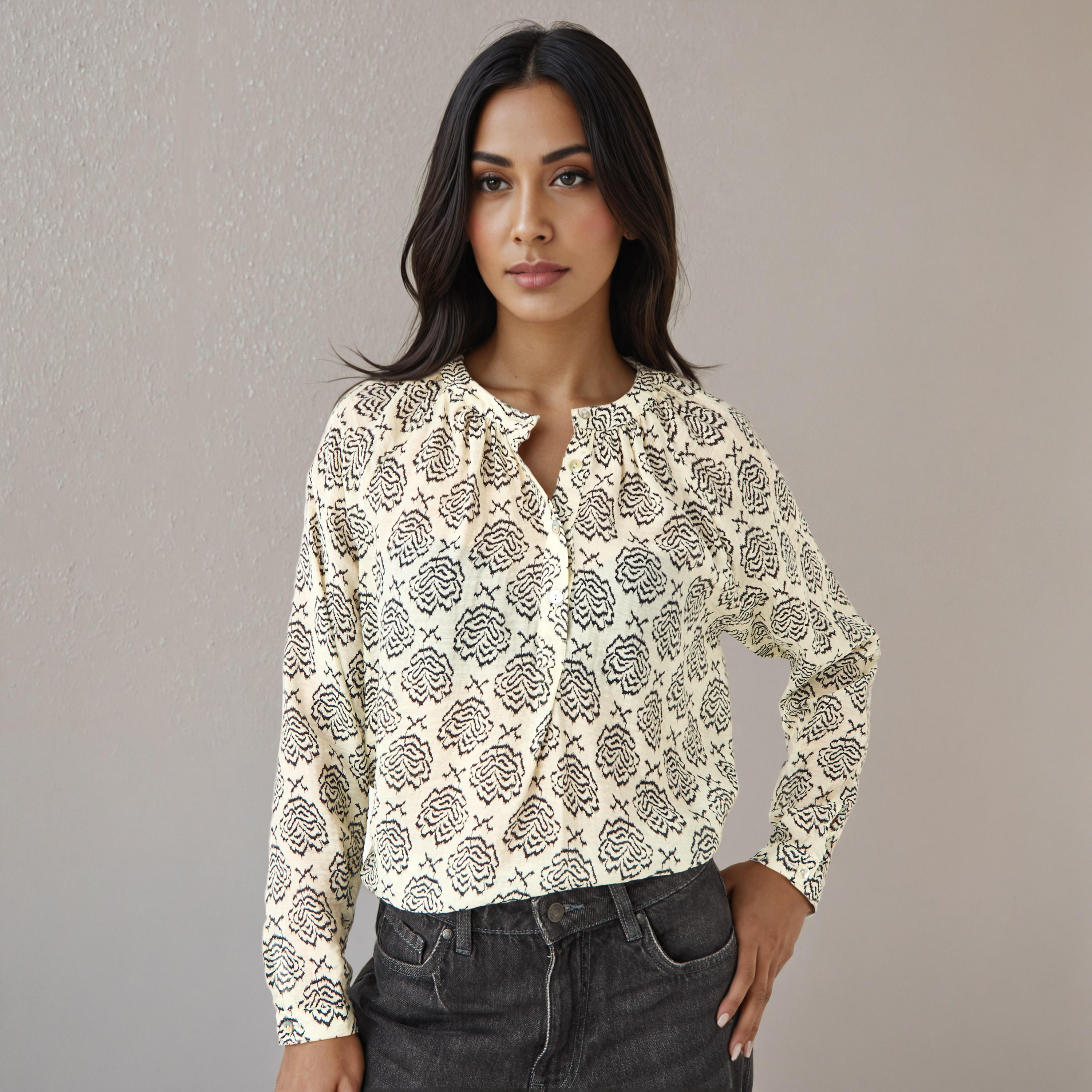 Mandarin Collar Top with Print-women-clothing-shirtsandblouses-blouses-image-1