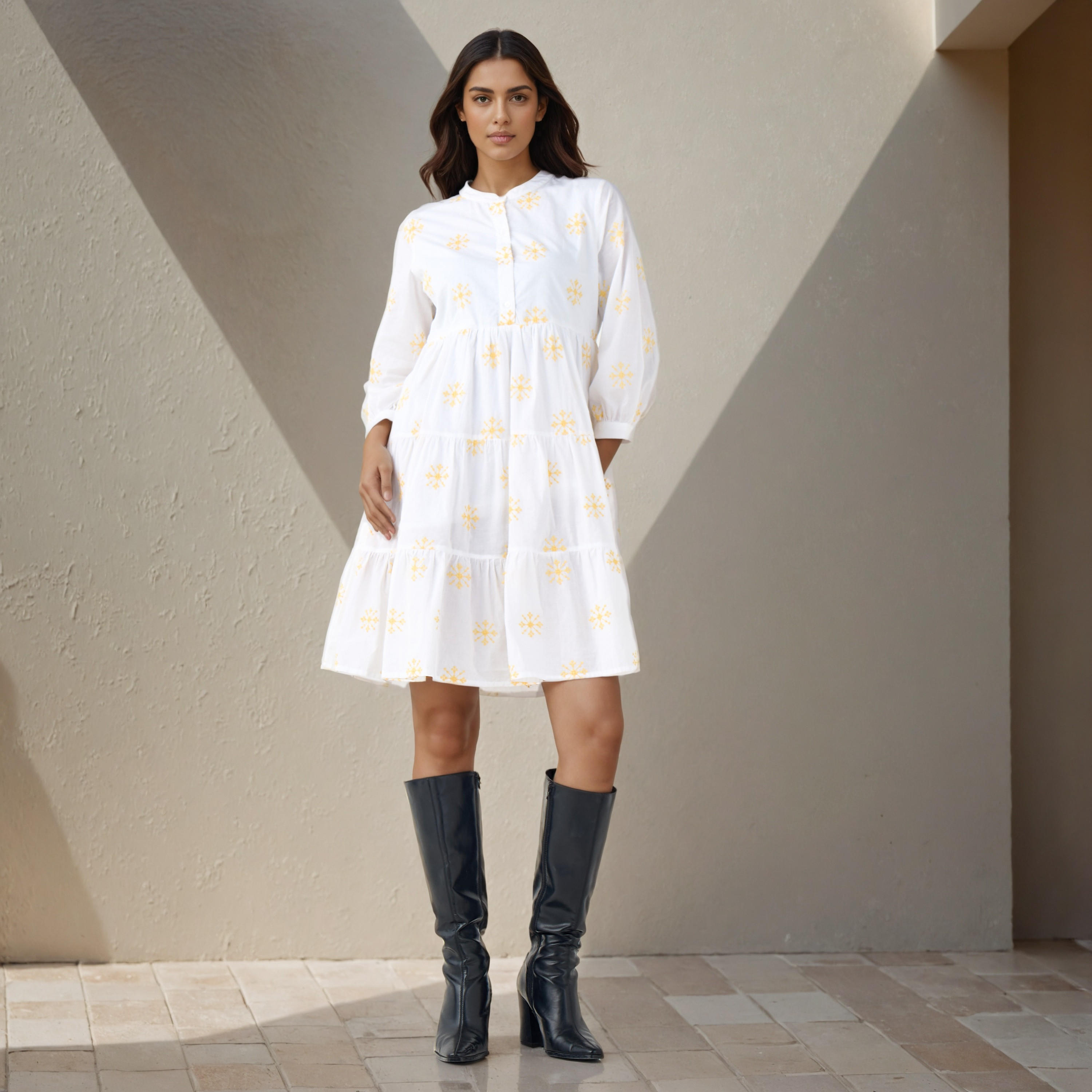 Embroidered Tiered Women Dress with Mandarin Collar Cotton-women-clothing-dresses-image-1
