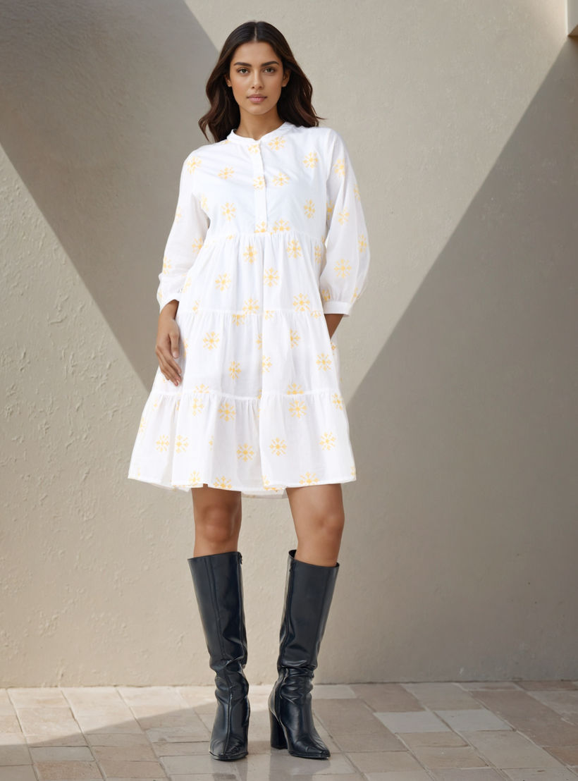 Embroidered Tiered Women Dress with Mandarin Collar Cotton-women-clothing-dresses-image-1