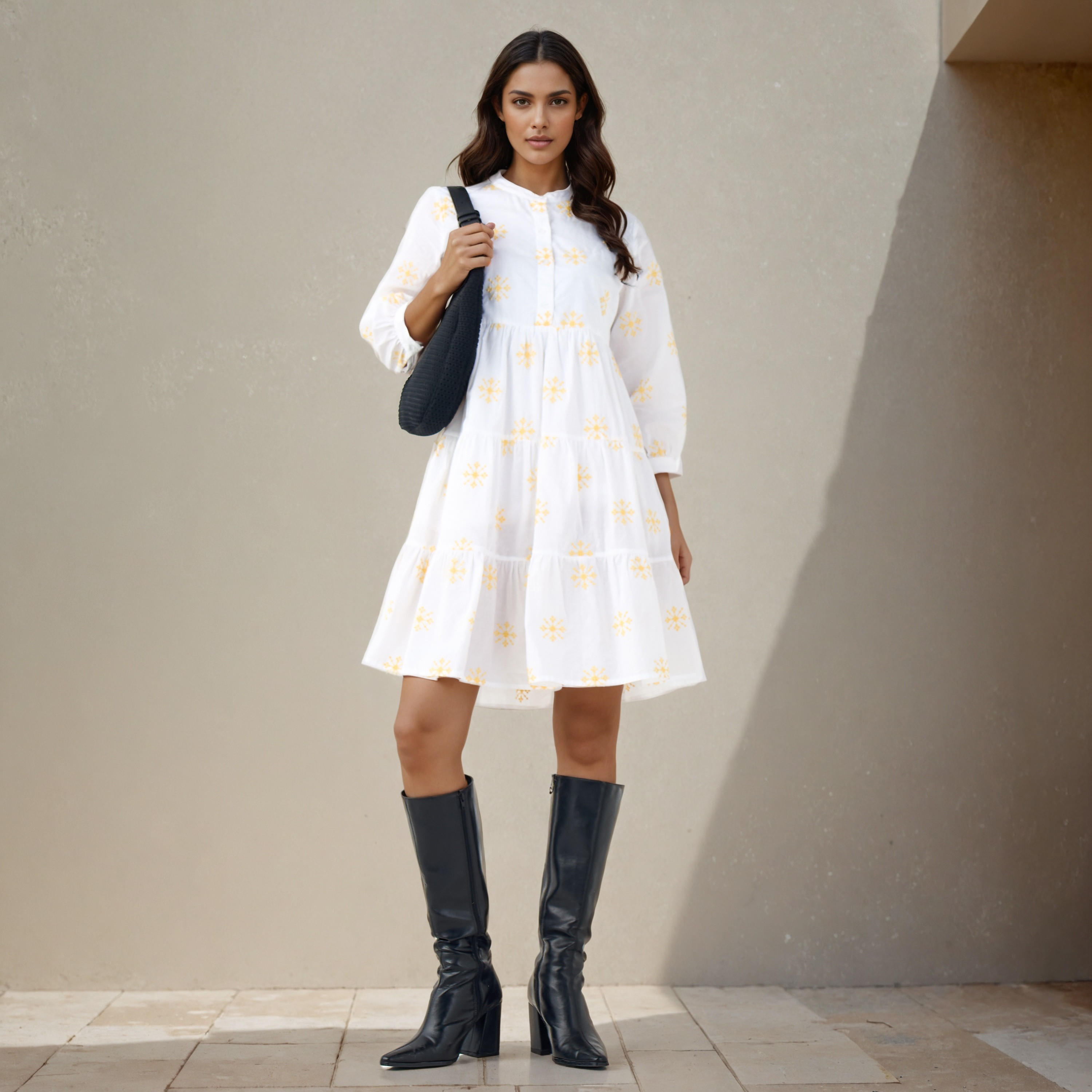 Embroidered Tiered Women Dress with Mandarin Collar Cotton-women-clothing-dresses-image-2