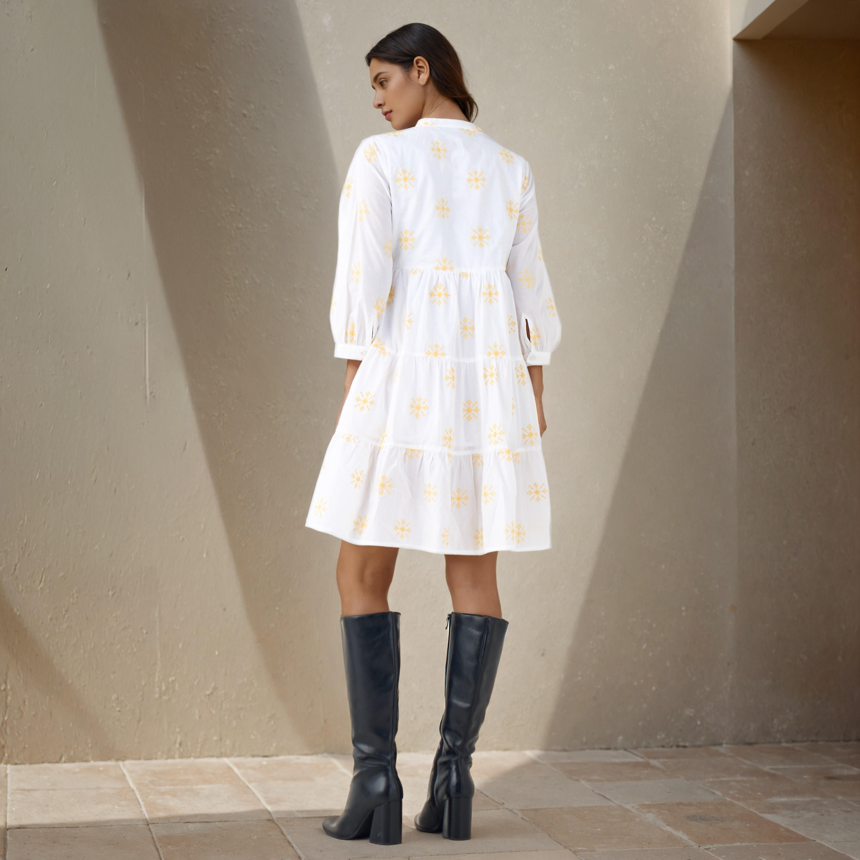 Embroidered Tiered Women Dress with Mandarin Collar Cotton-women-clothing-dresses-image-3
