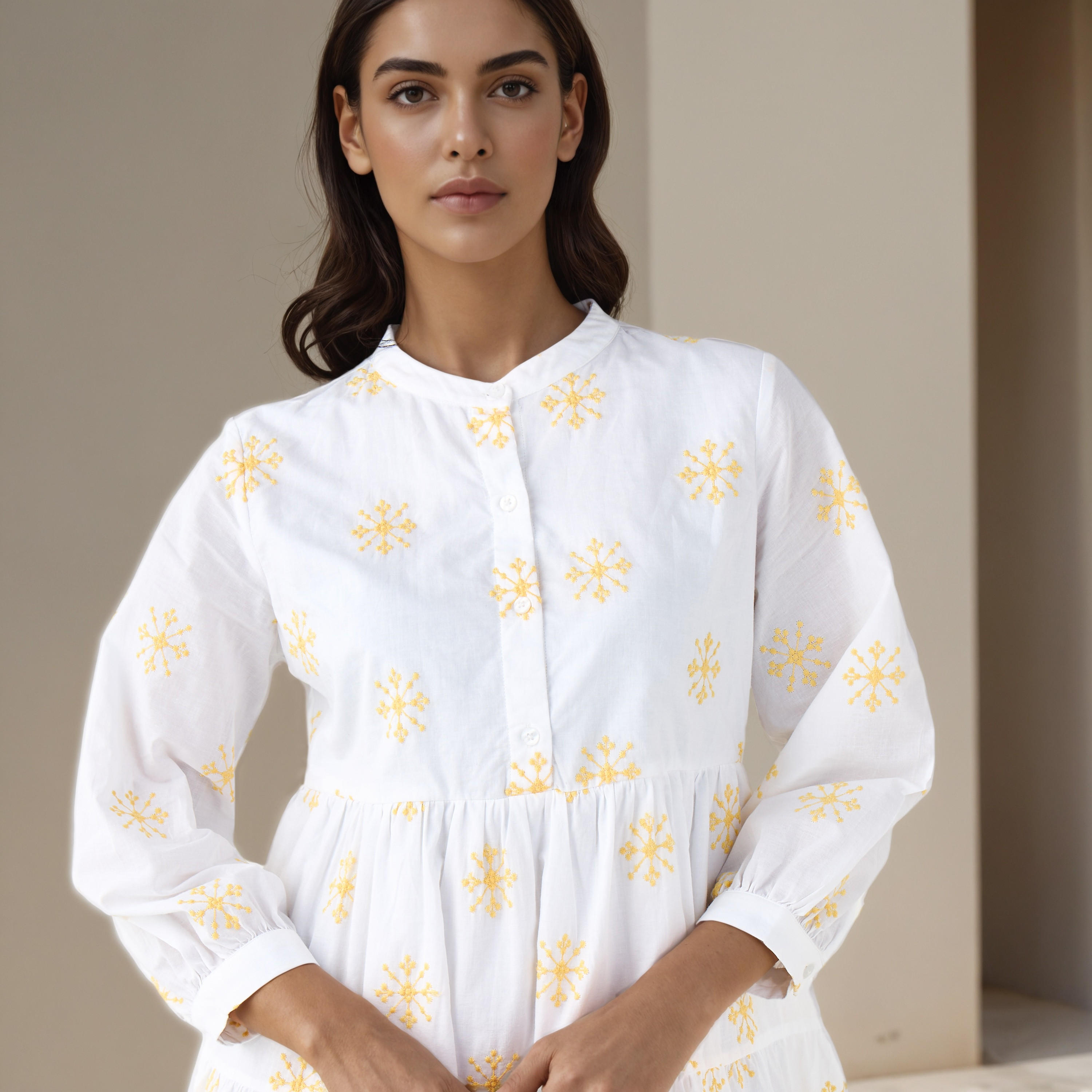 Embroidered Tiered Women Dress with Mandarin Collar Cotton-women-clothing-dresses-image-4