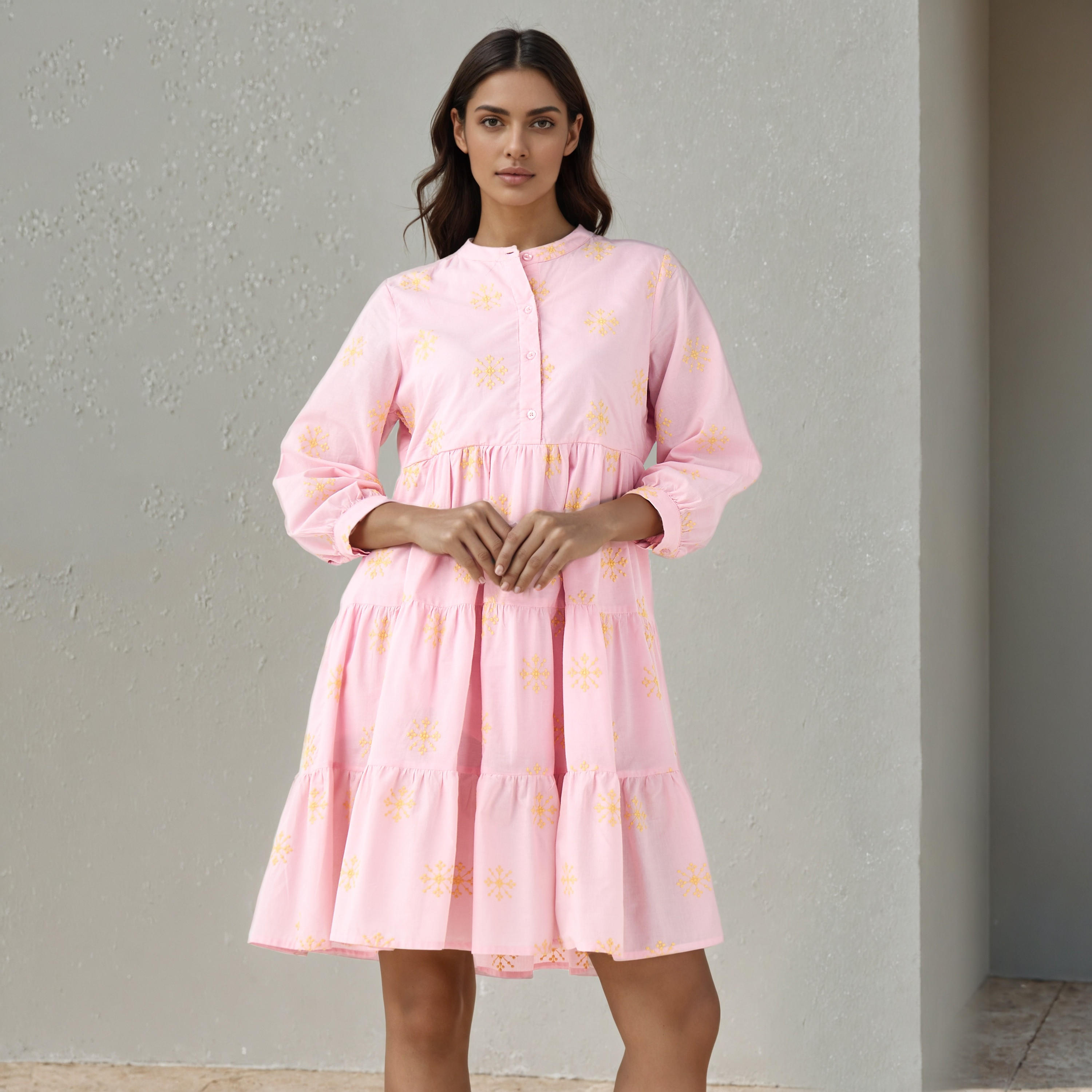 Embroidered Tiered Women Dress with Mandarin Collar Cotton-women-clothing-dresses-image-1