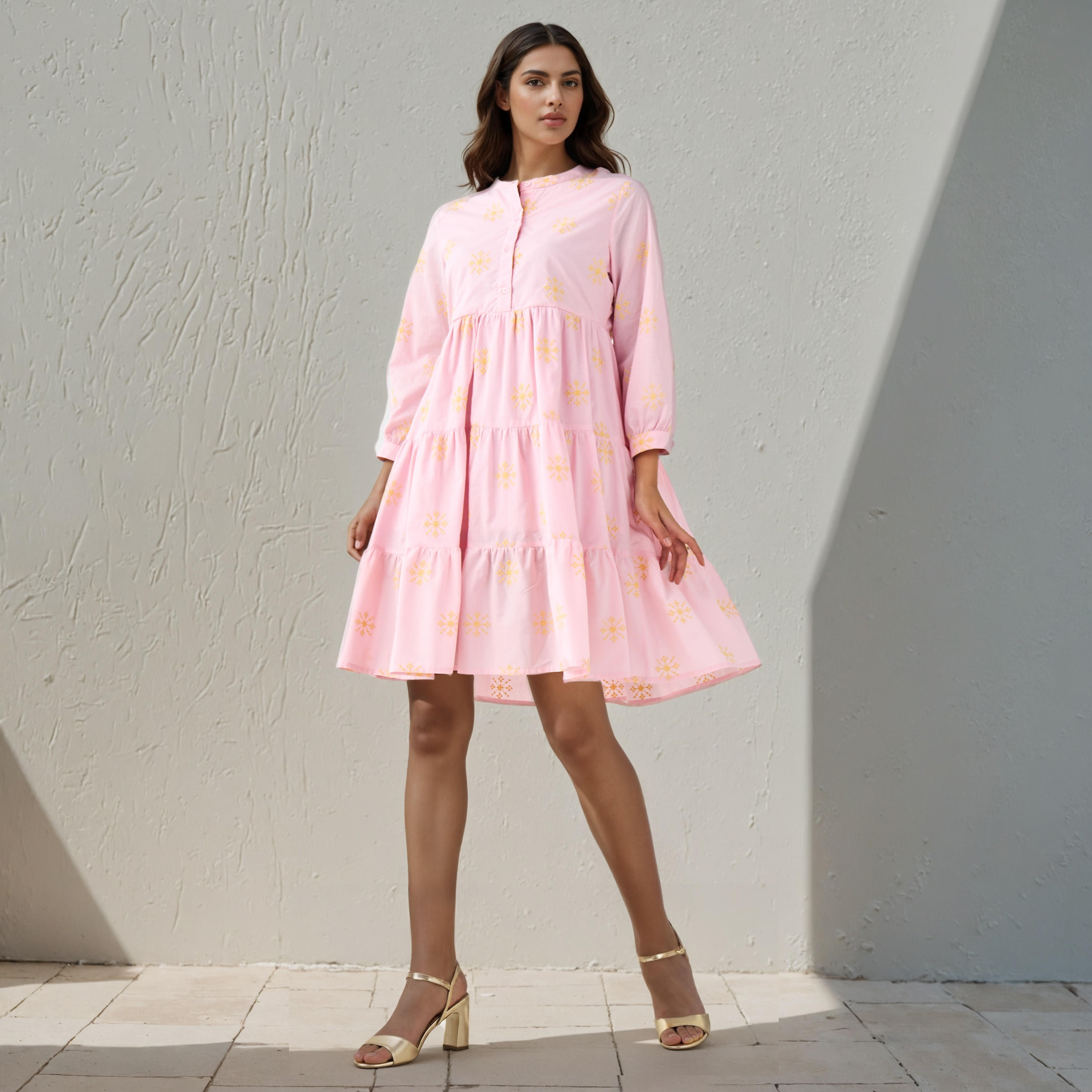 Embroidered Tiered Women Dress with Mandarin Collar Cotton-women-clothing-dresses-image-2