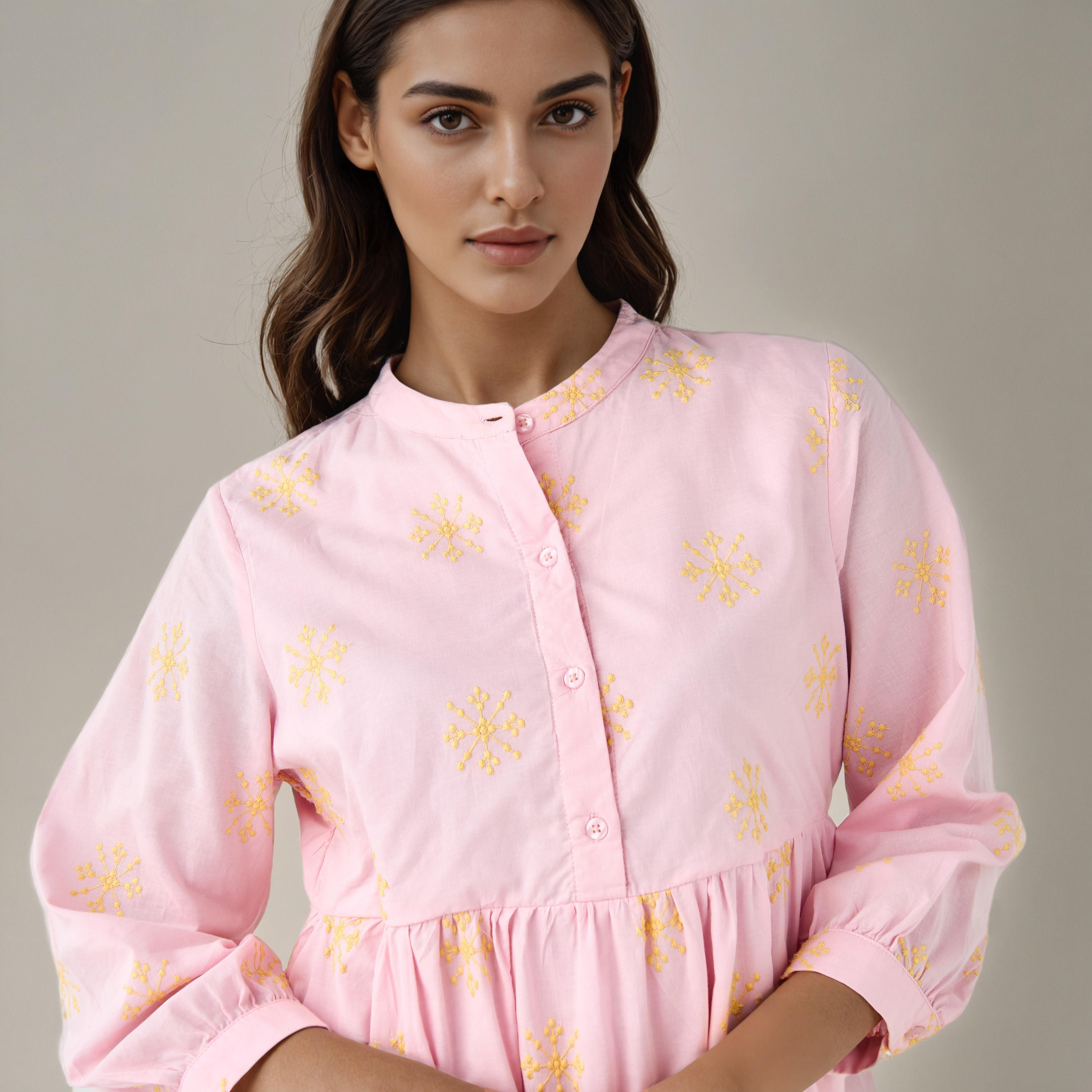 Embroidered Tiered Women Dress with Mandarin Collar Cotton-women-clothing-dresses-image-4