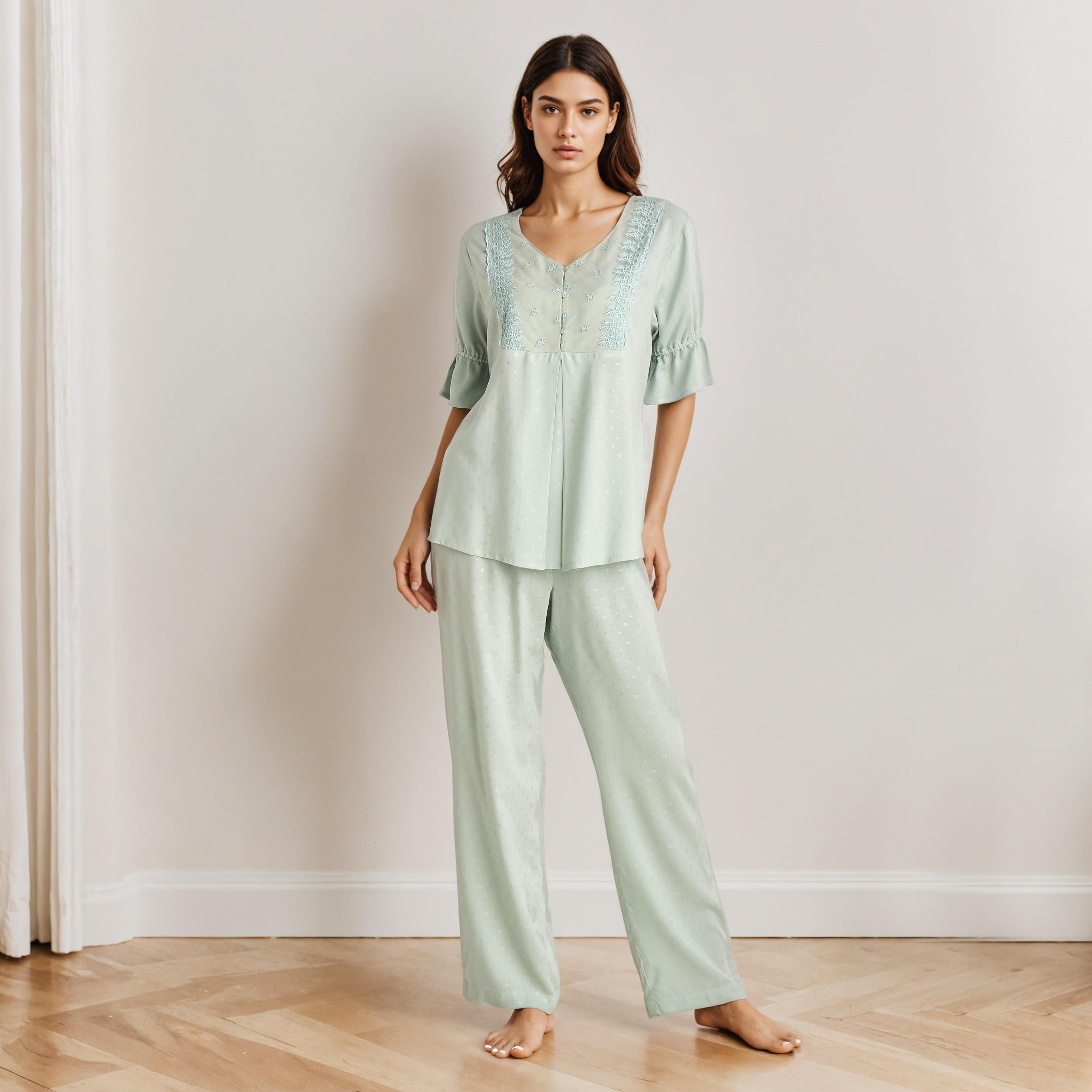 طقم بيجاما فيسكوز قميص وبنطلون-women-clothing-nightwear-pyjamas-longsets-image-1