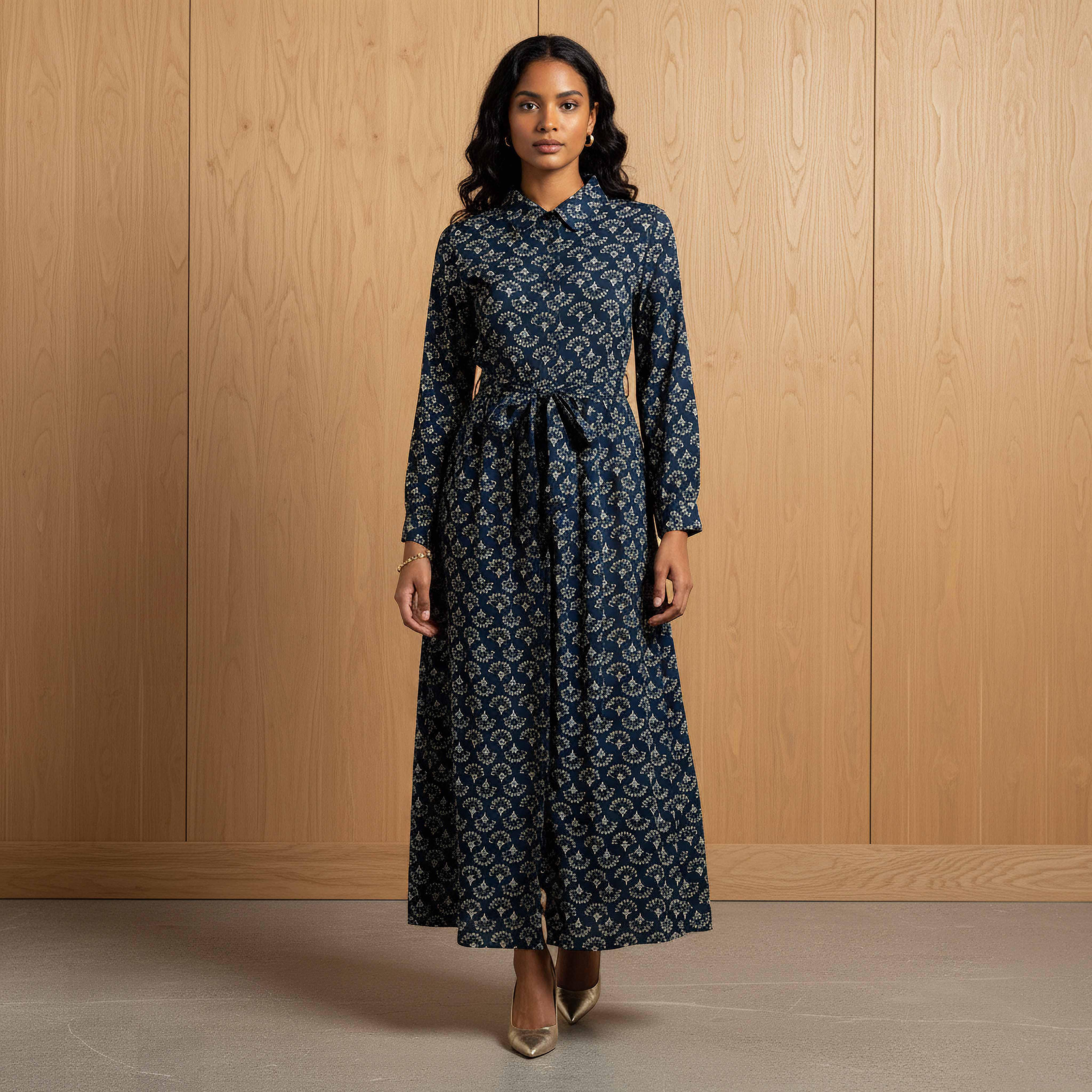 Floral Print Shirt Women Dress with Tie-Up Detail Viscose-women-clothing-dresses-image-1
