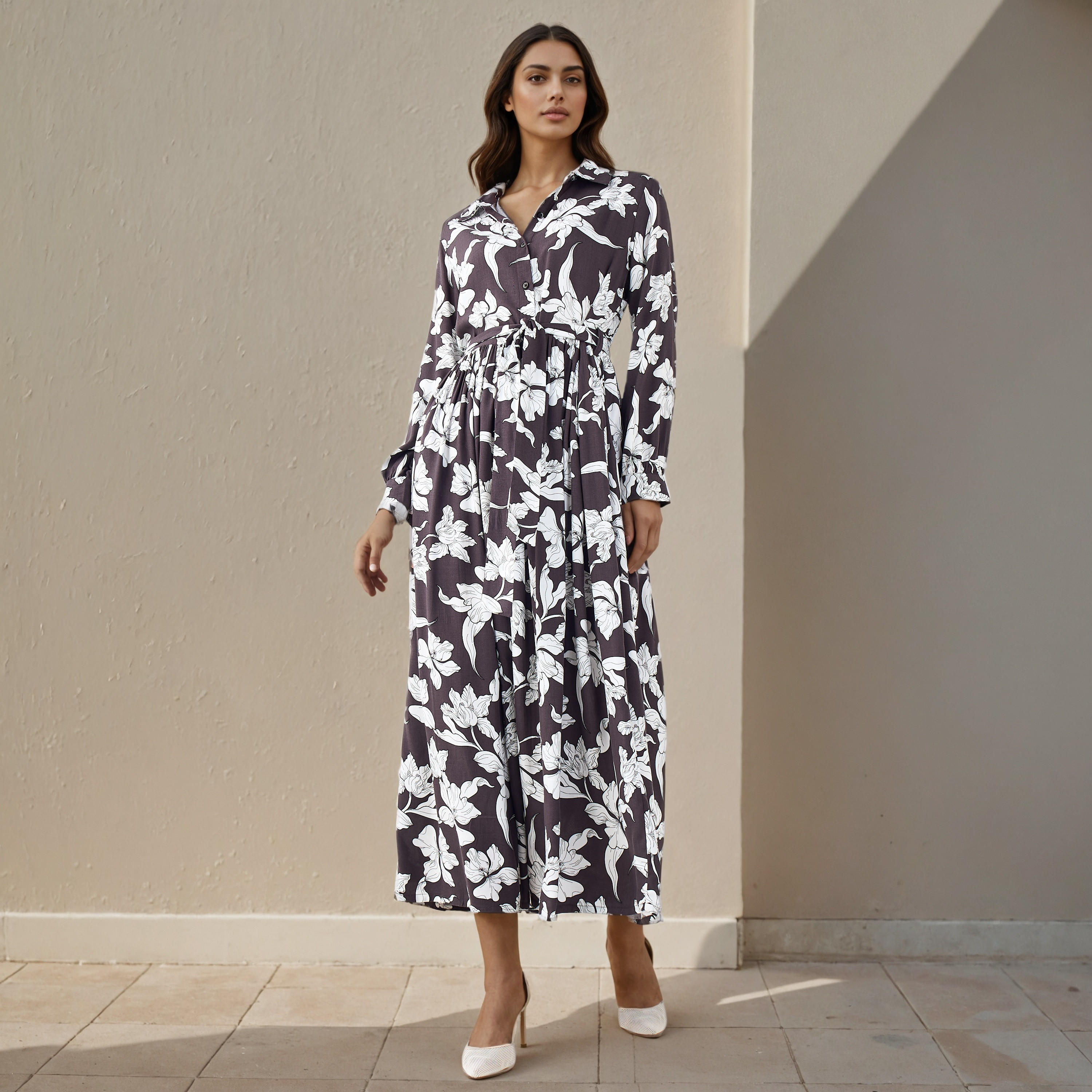 Floral Print Shirt Women Dress with Tie-Up Detail Viscose-women-clothing-dresses-image-1