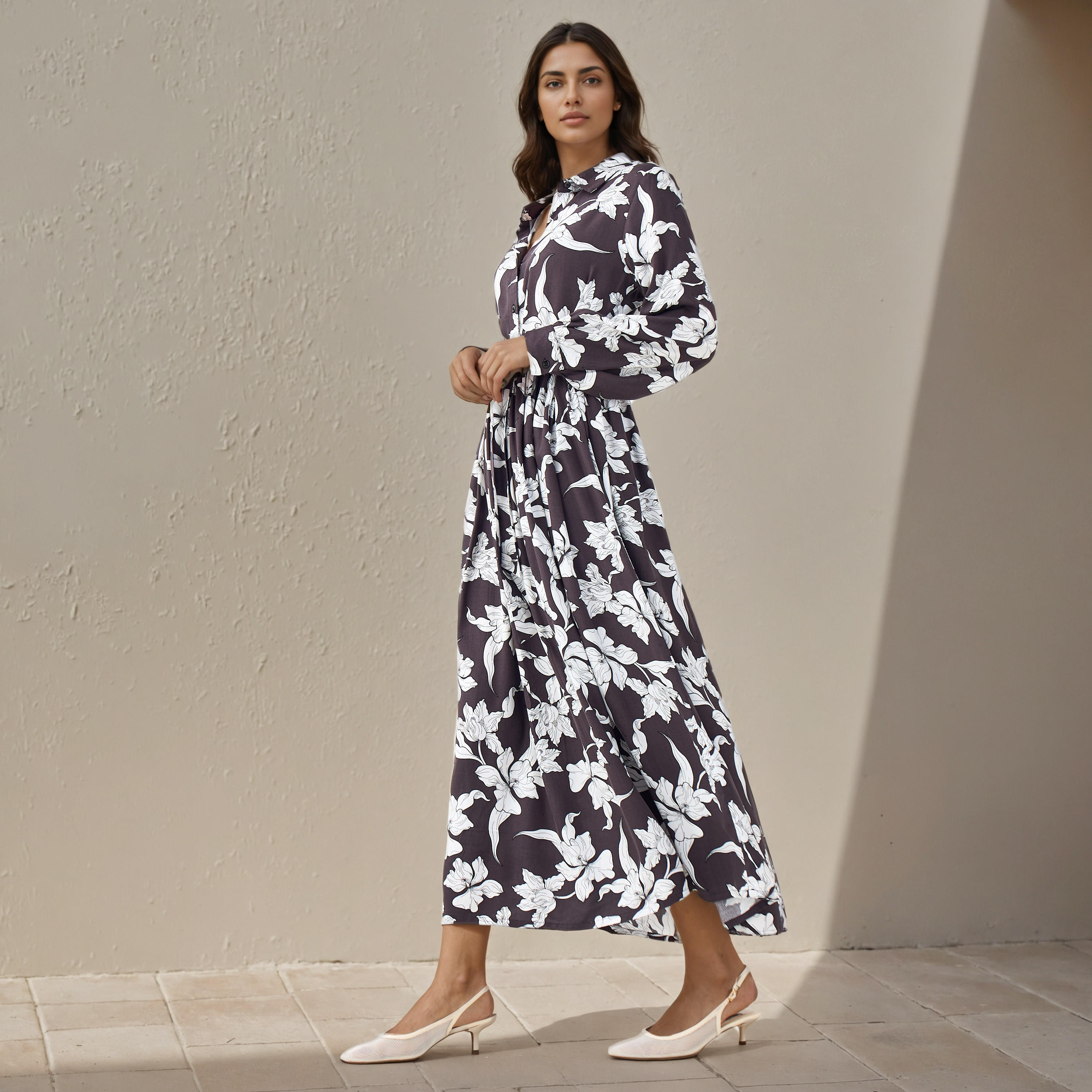 Floral Print Shirt Women Dress with Tie-Up Detail Viscose-women-clothing-dresses-image-2