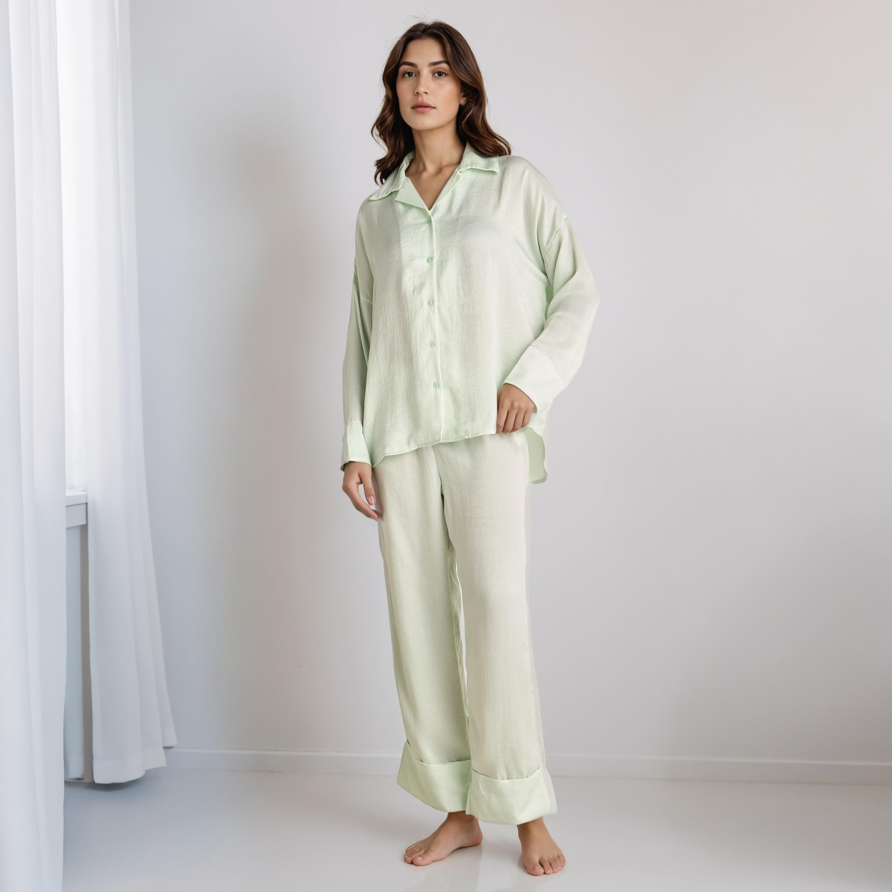 Pyjama Set Collared Shirt & Trousers Polyester-women-clothing-nightwear-pyjamas-longsets-image-1