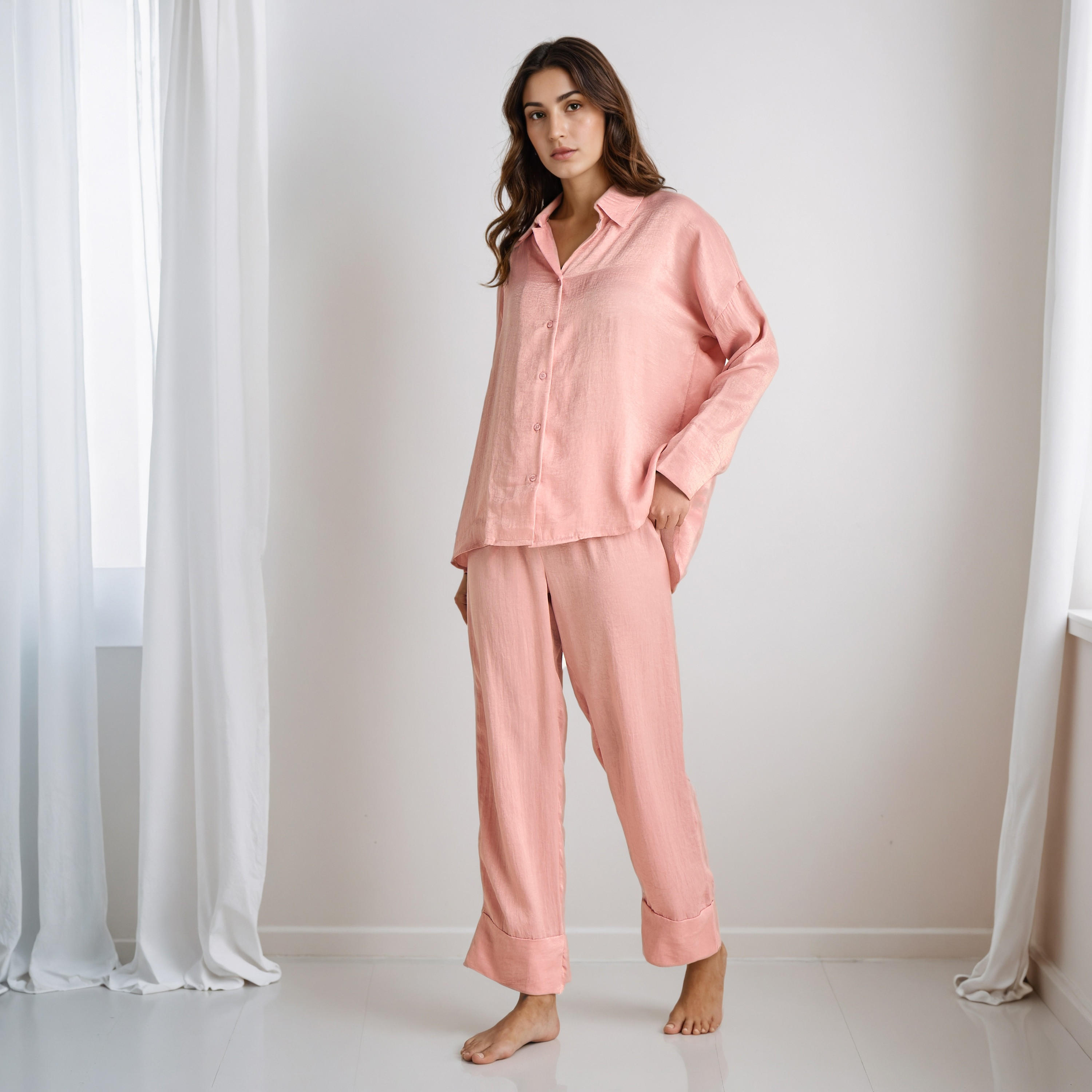 Pyjama Set Collared Shirt & Trousers Polyester-women-clothing-nightwear-pyjamas-longsets-image-1