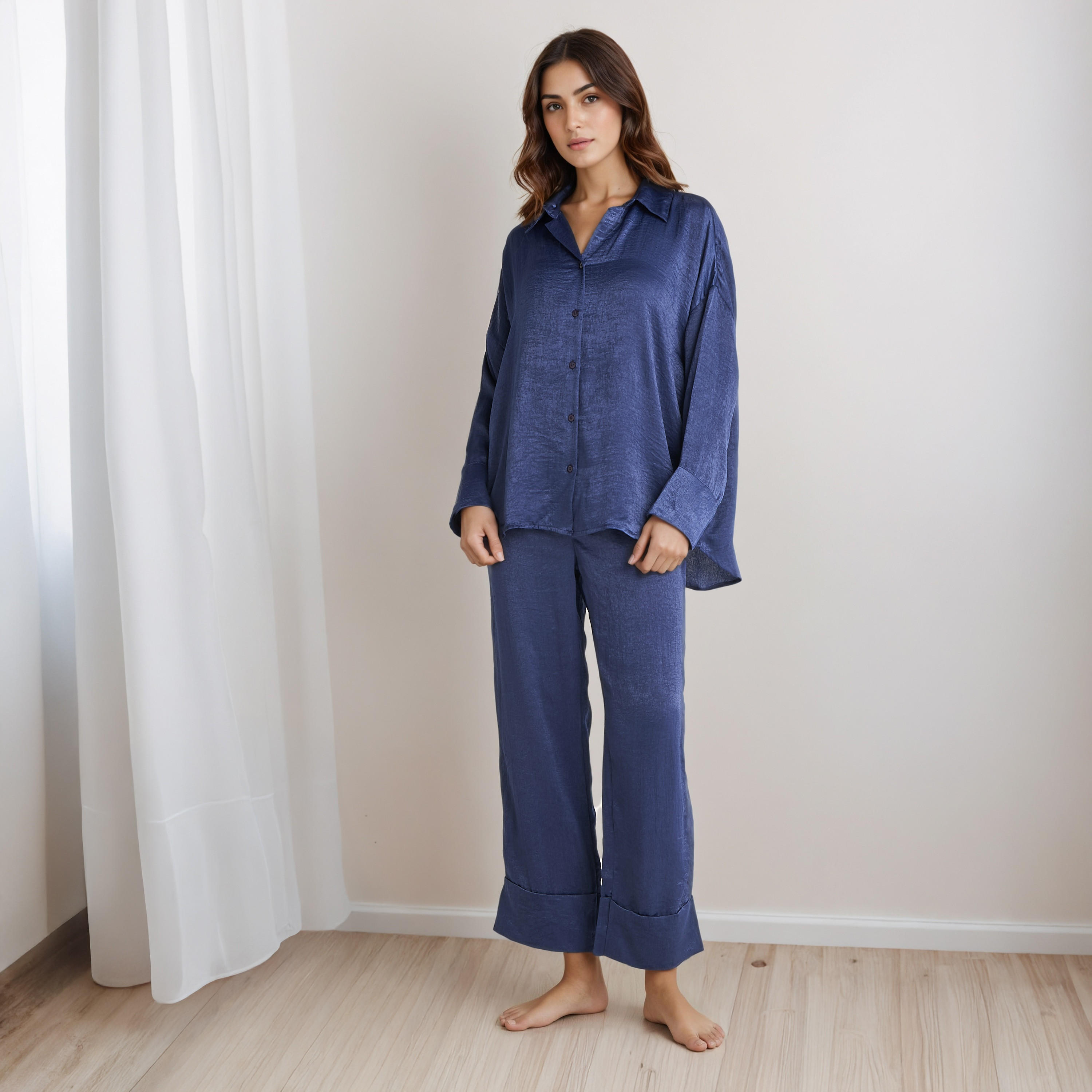 Pyjama Set Collared Shirt & Trousers Polyester-women-clothing-nightwear-pyjamas-longsets-image-1