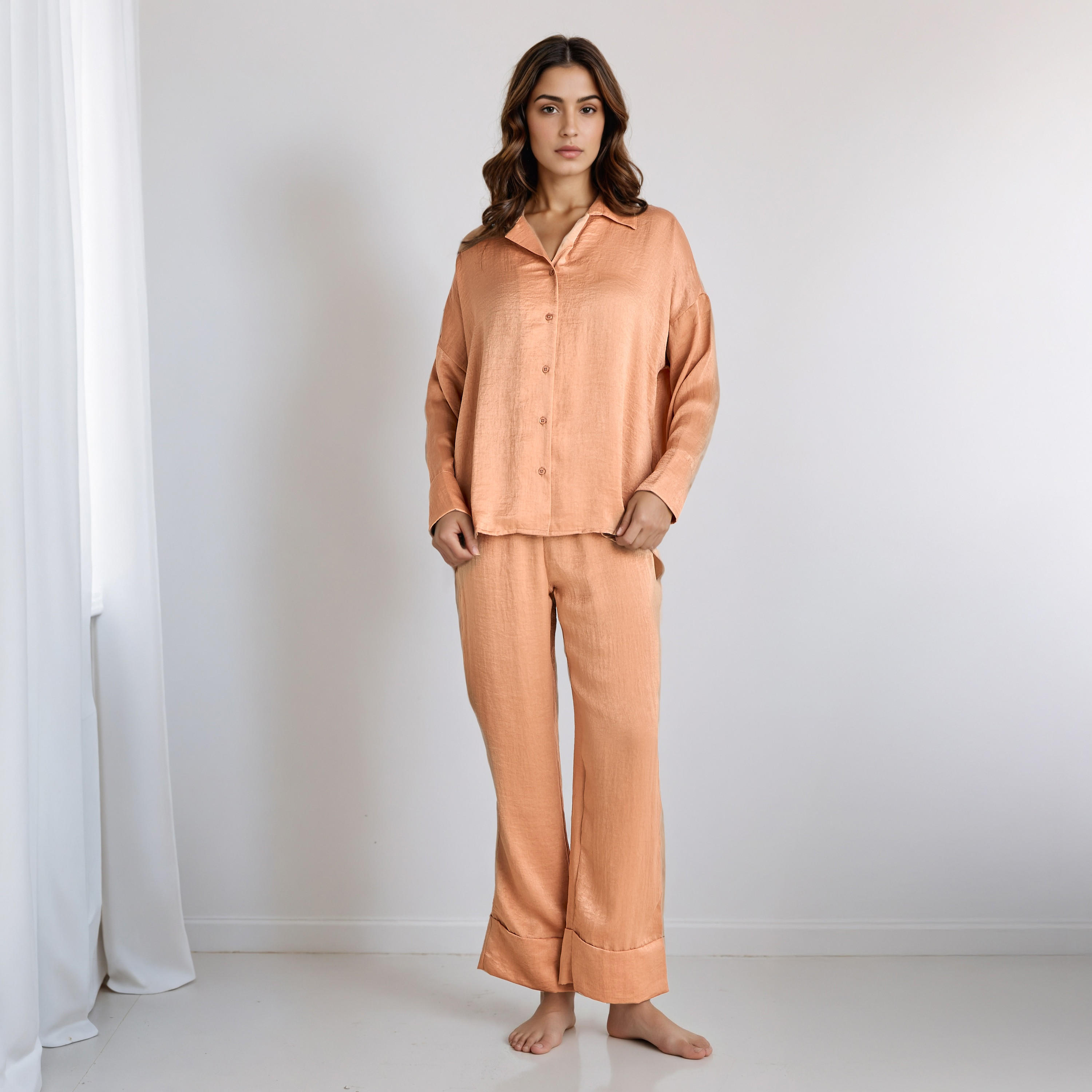Pyjama Set Collared Shirt & Trousers Polyester-women-clothing-nightwear-pyjamas-longsets-image-1