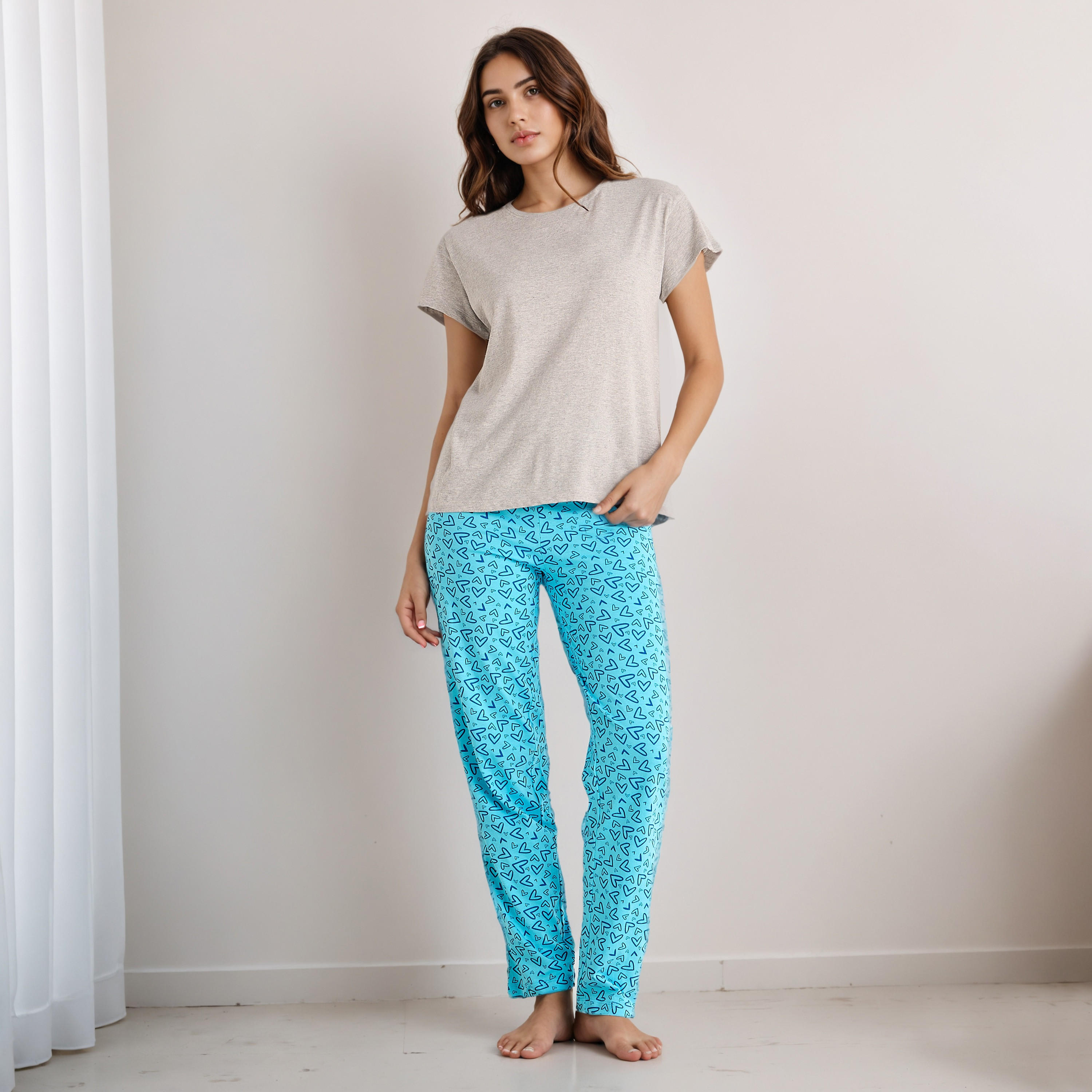طقم بيجاما قطن تيشيرت وبنطلون-women-clothing-nightwear-pyjamas-longsets-image-1