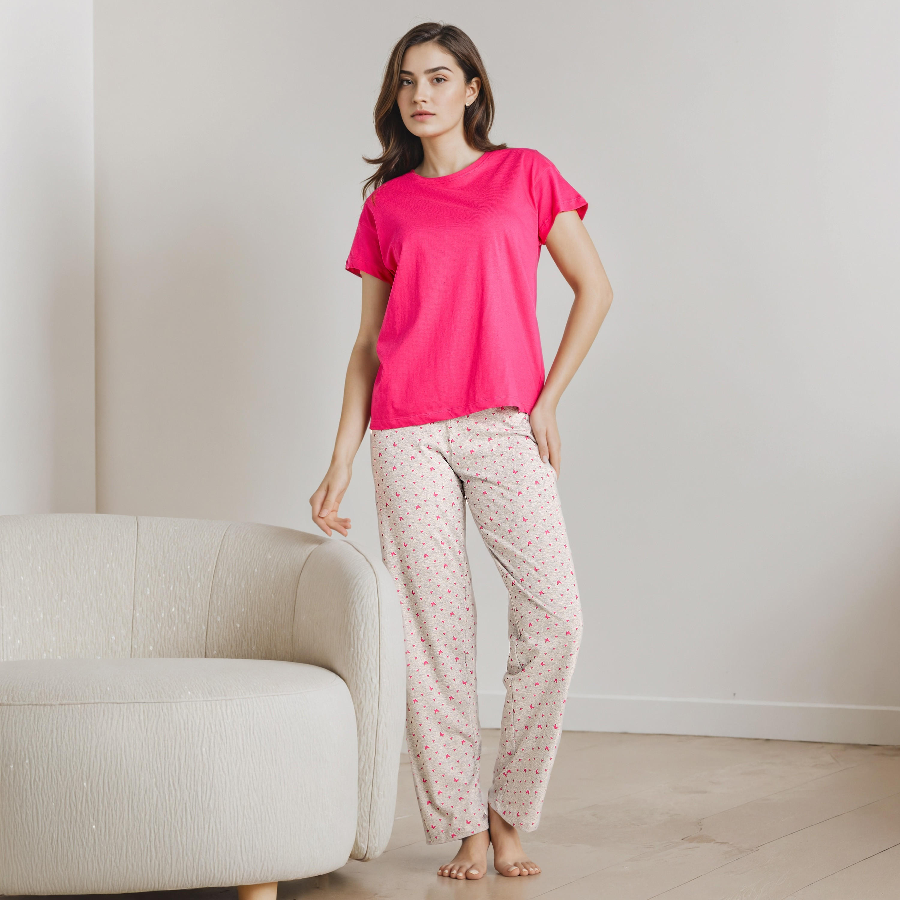 طقم بيجاما قطن تيشيرت وبنطلون-women-clothing-nightwear-pyjamas-longsets-image-1