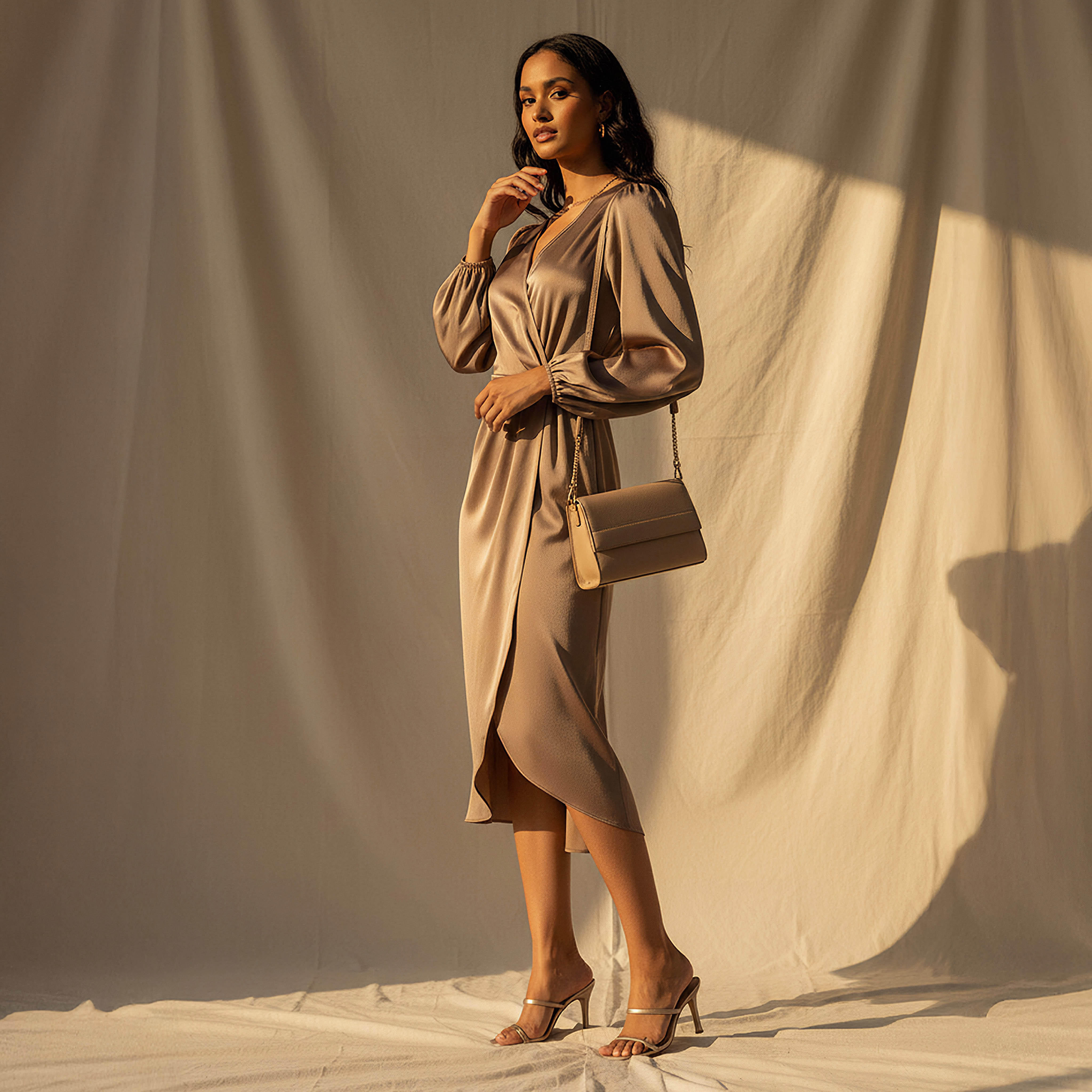 Wrap Midi Satin Dress with Puff Sleeves-women-clothing-dresses-image-2