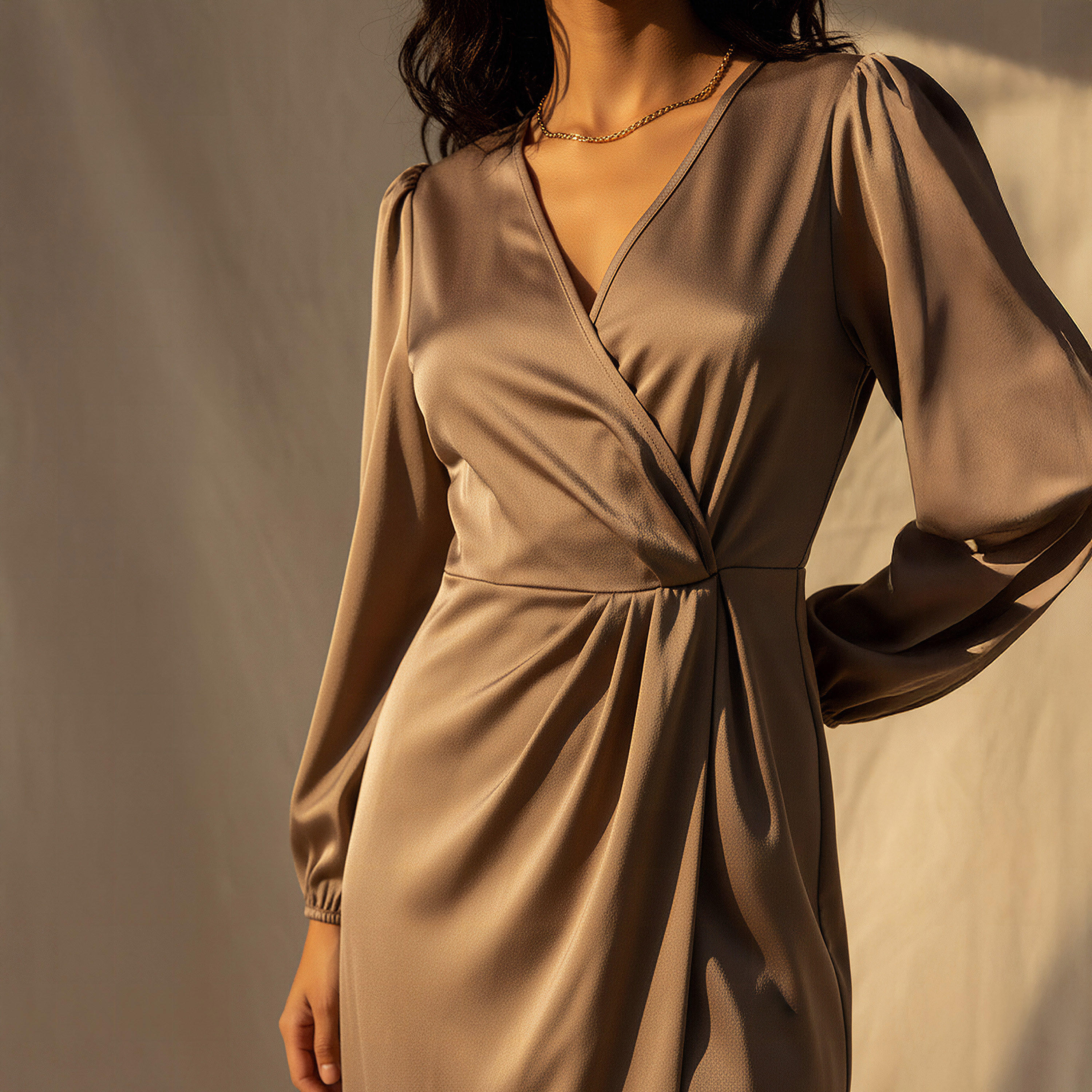 Wrap Midi Satin Dress with Puff Sleeves-women-clothing-dresses-image-4