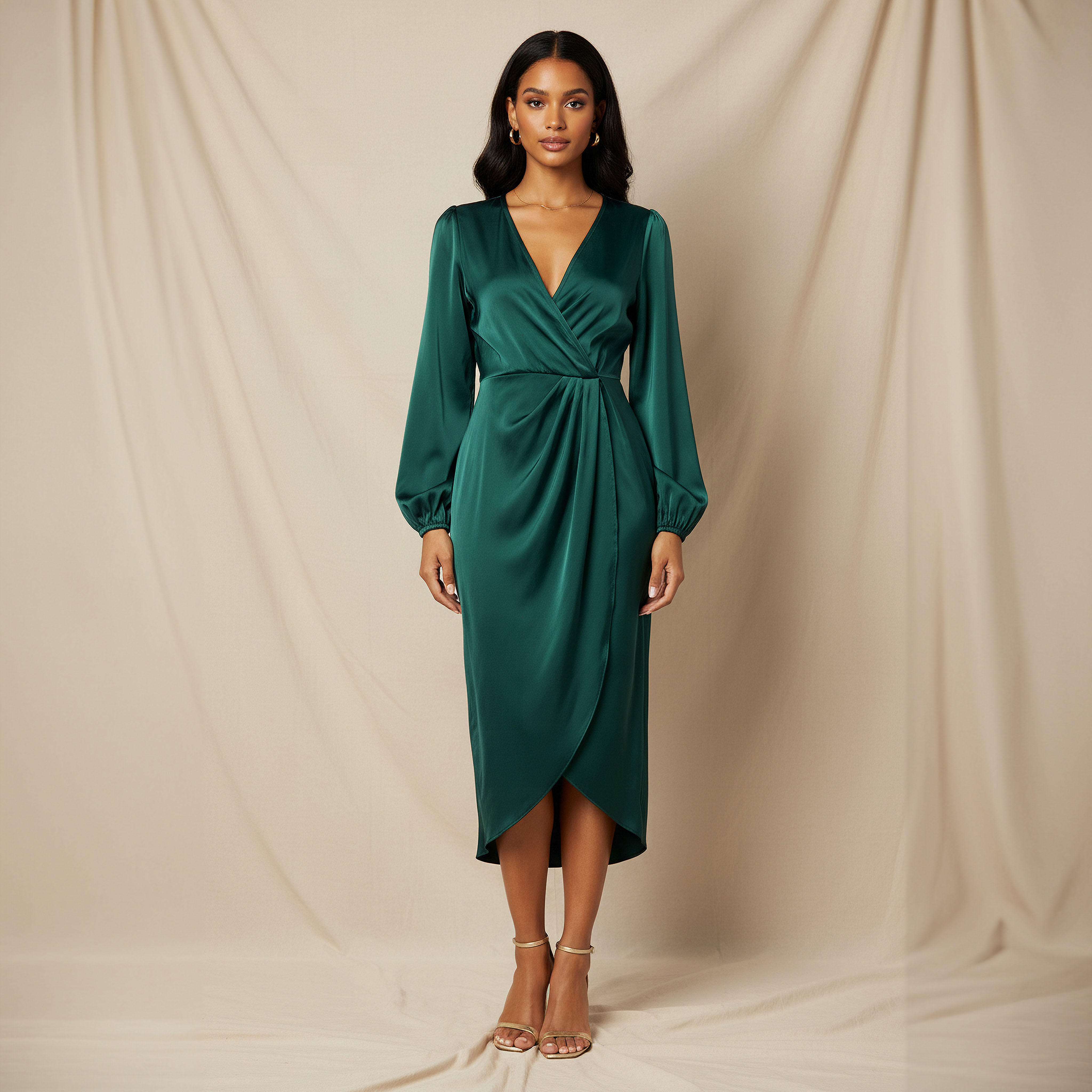 Wrap Midi Satin Dress with Puff Sleeves-women-clothing-dresses-image-1