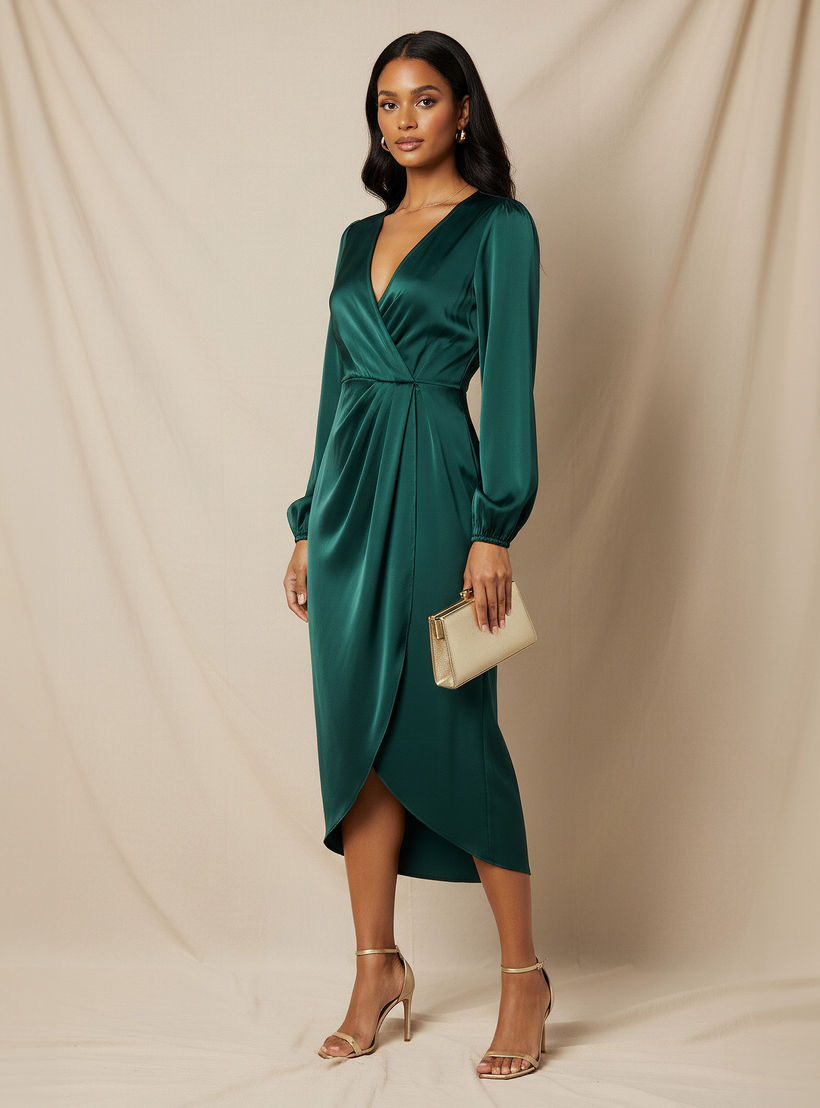 فستان ملفوف ستان ميدي بأكمام منفوخة-women-clothing-dresses-image-2