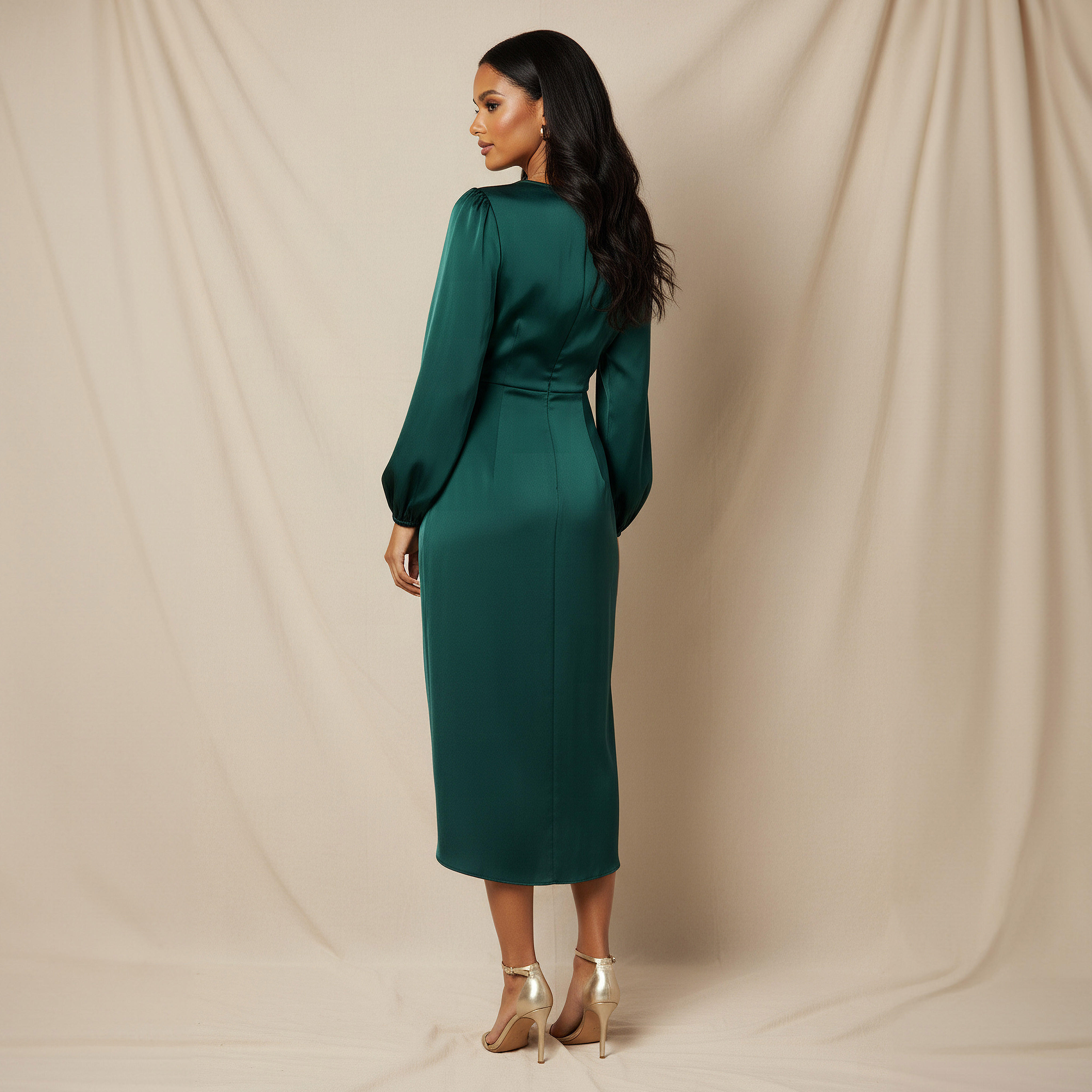 فستان ملفوف ستان ميدي بأكمام منفوخة-women-clothing-dresses-image-3