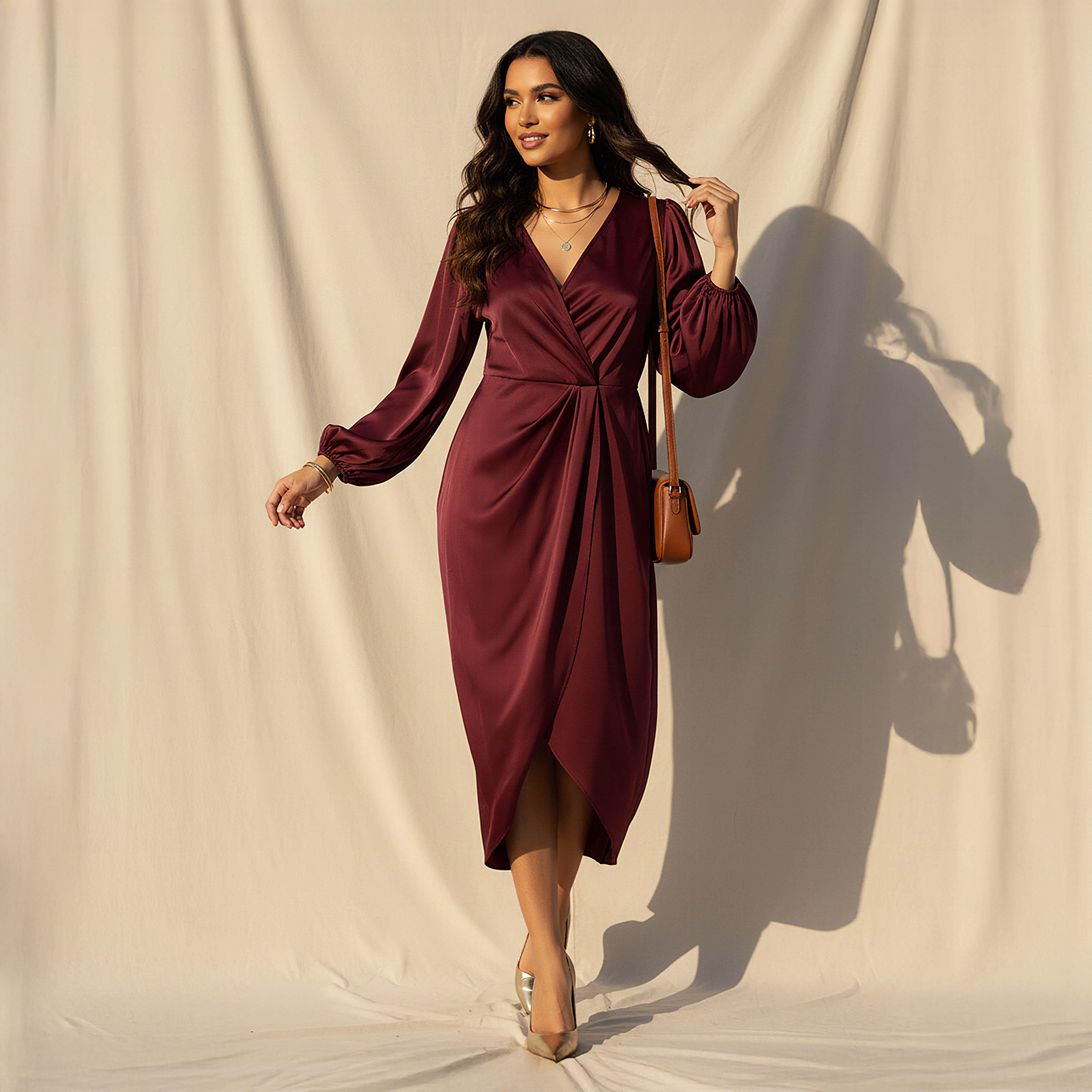 فستان ملفوف ستان ميدي بأكمام منفوخة-women-clothing-dresses-image-1