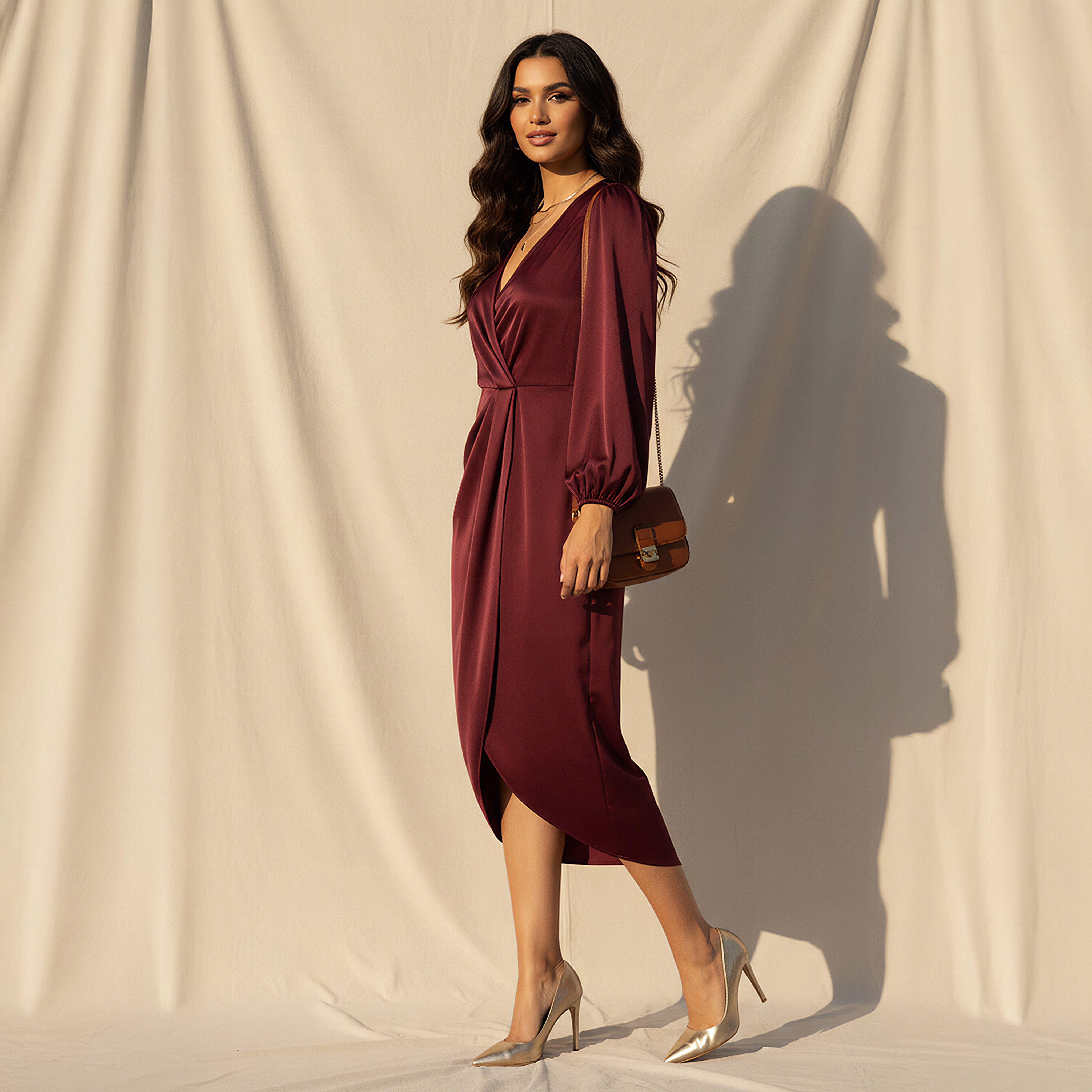 Wrap Midi Satin Dress with Puff Sleeves-women-clothing-dresses-image-2