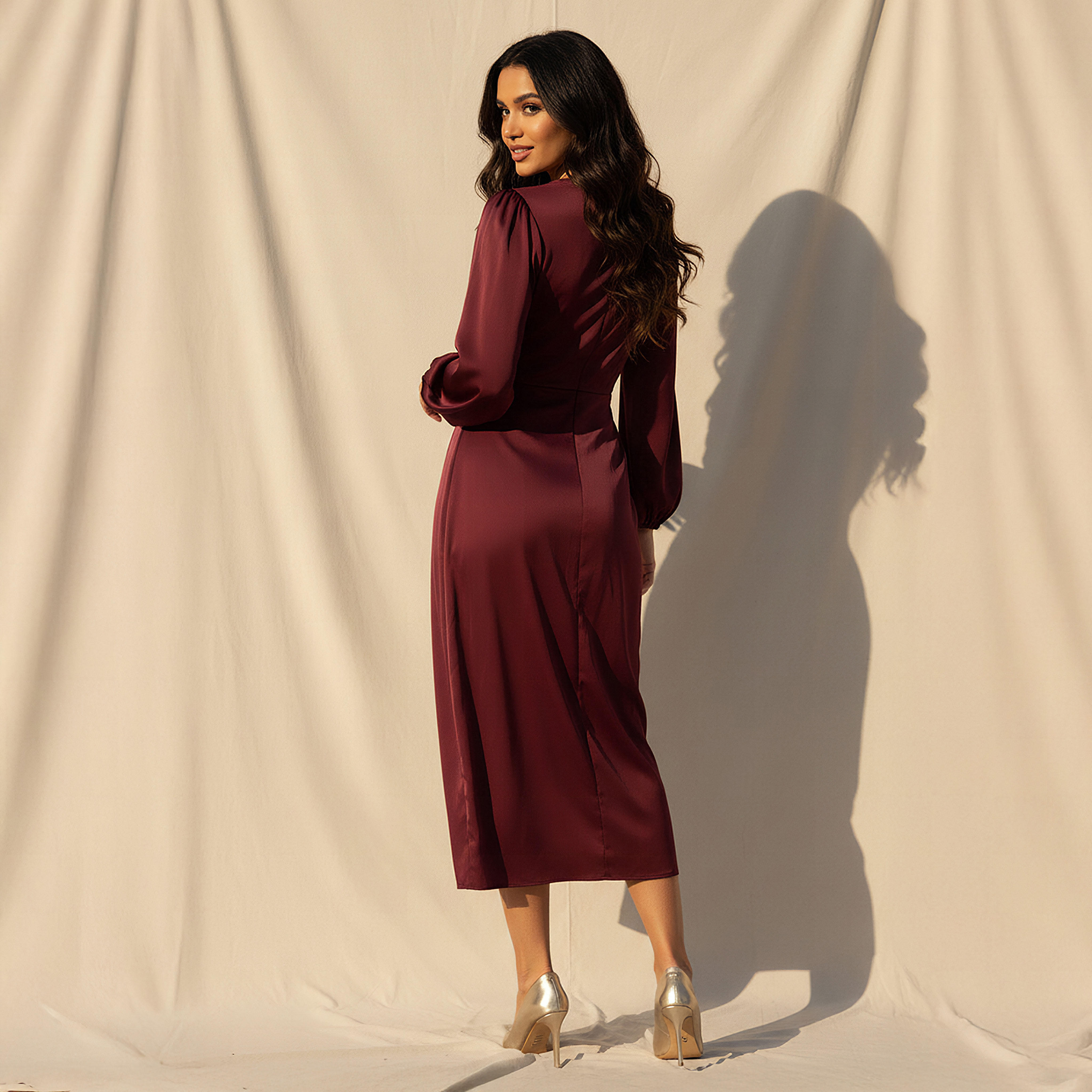 فستان ملفوف ستان ميدي بأكمام منفوخة-women-clothing-dresses-image-3