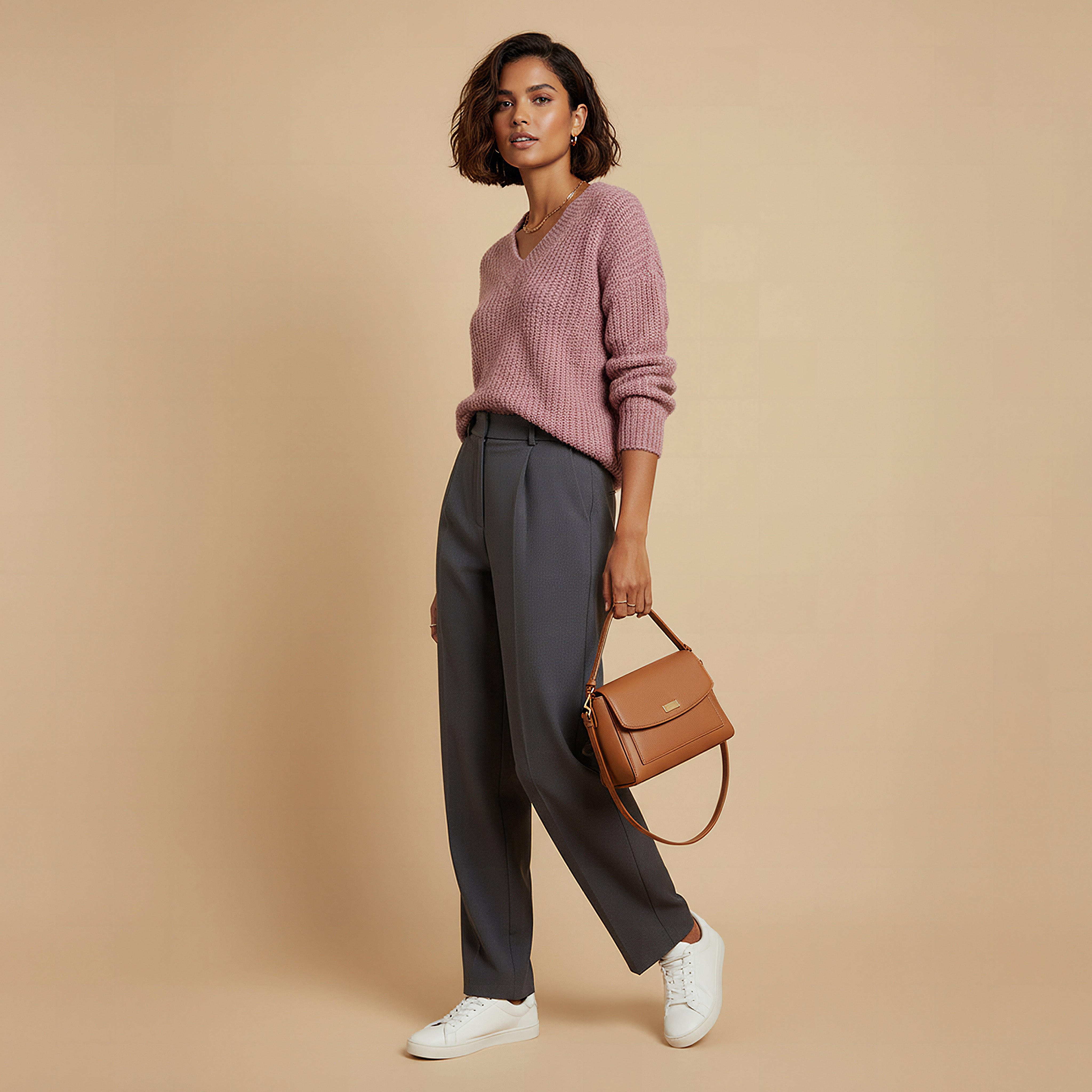 Textured V-neck Sweater with Long Sleeves-women-clothing-cardigansandjumpers-jumpers-image-2