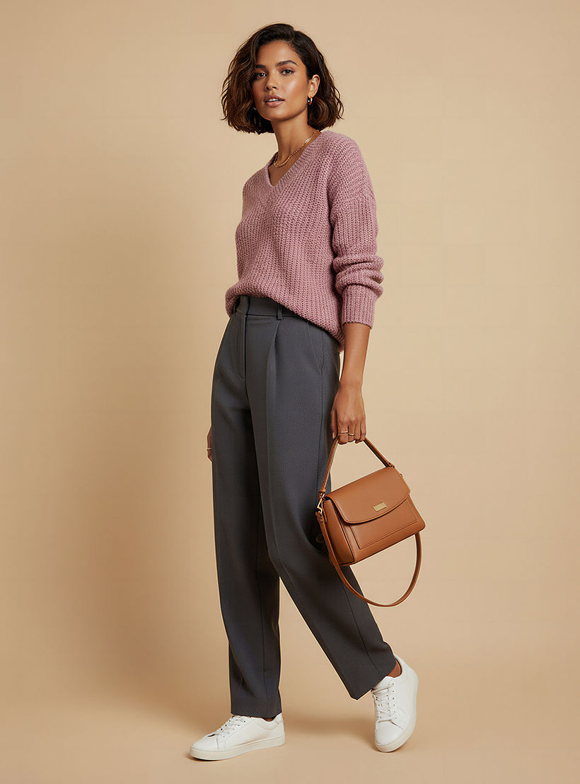 Textured V-neck Sweater with Long Sleeves-women-clothing-cardigansandjumpers-jumpers-image-2