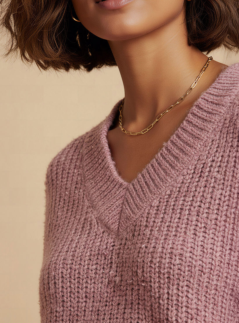 Textured V-neck Sweater with Long Sleeves-women-clothing-cardigansandjumpers-jumpers-image-4