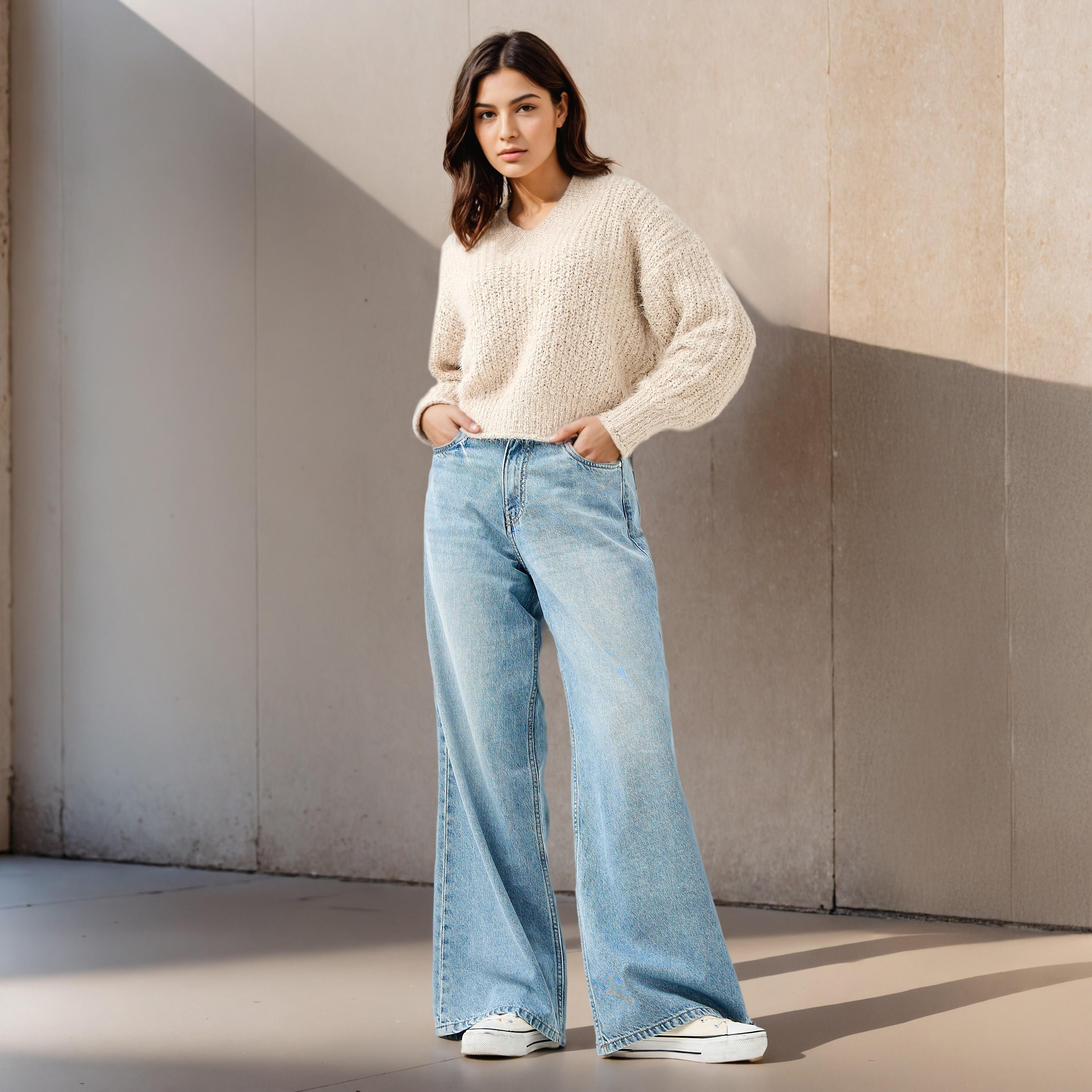 Textured V-neck Sweater with Long Sleeves-women-clothing-cardigansandjumpers-jumpers-image-2