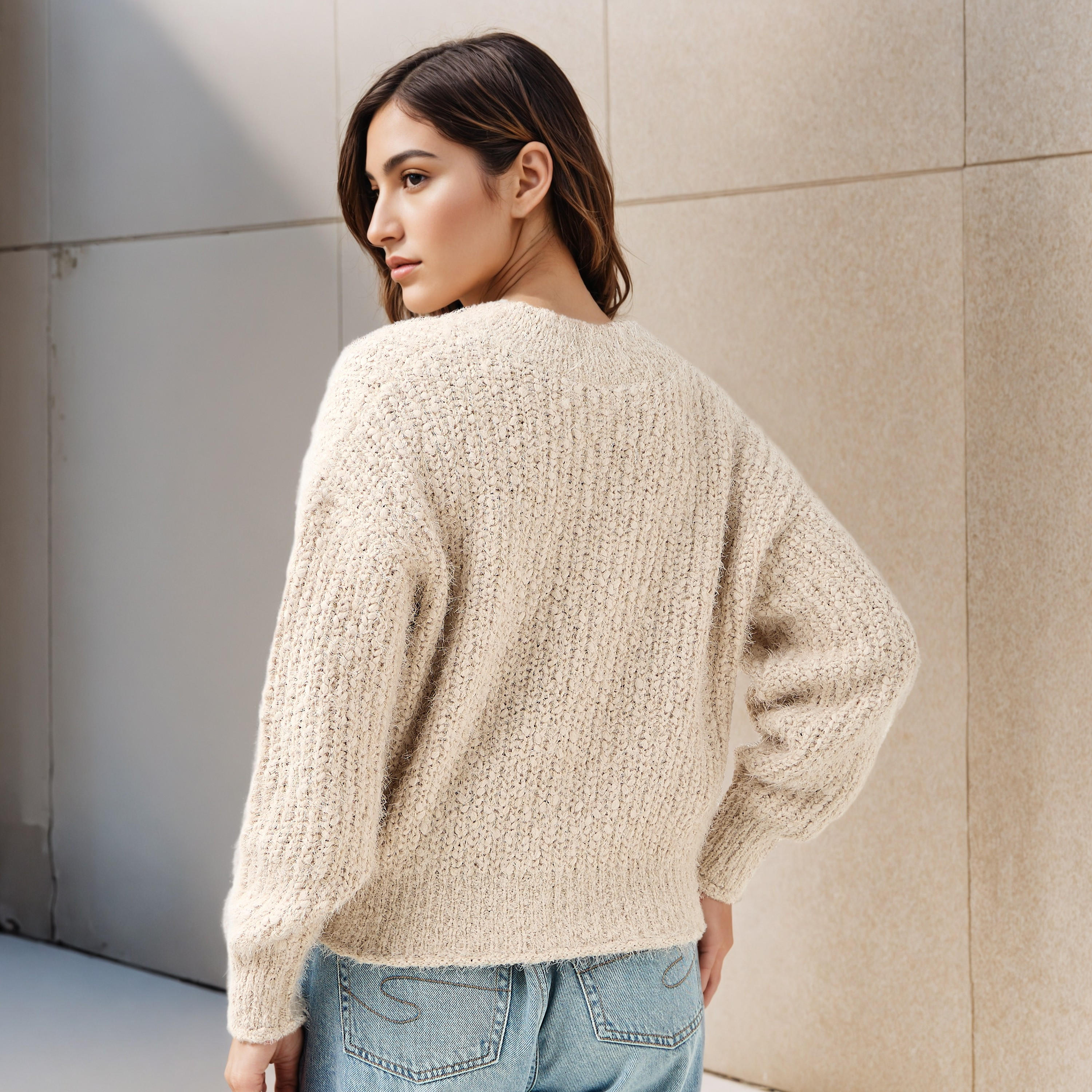 Textured V-neck Sweater with Long Sleeves-women-clothing-cardigansandjumpers-jumpers-image-3
