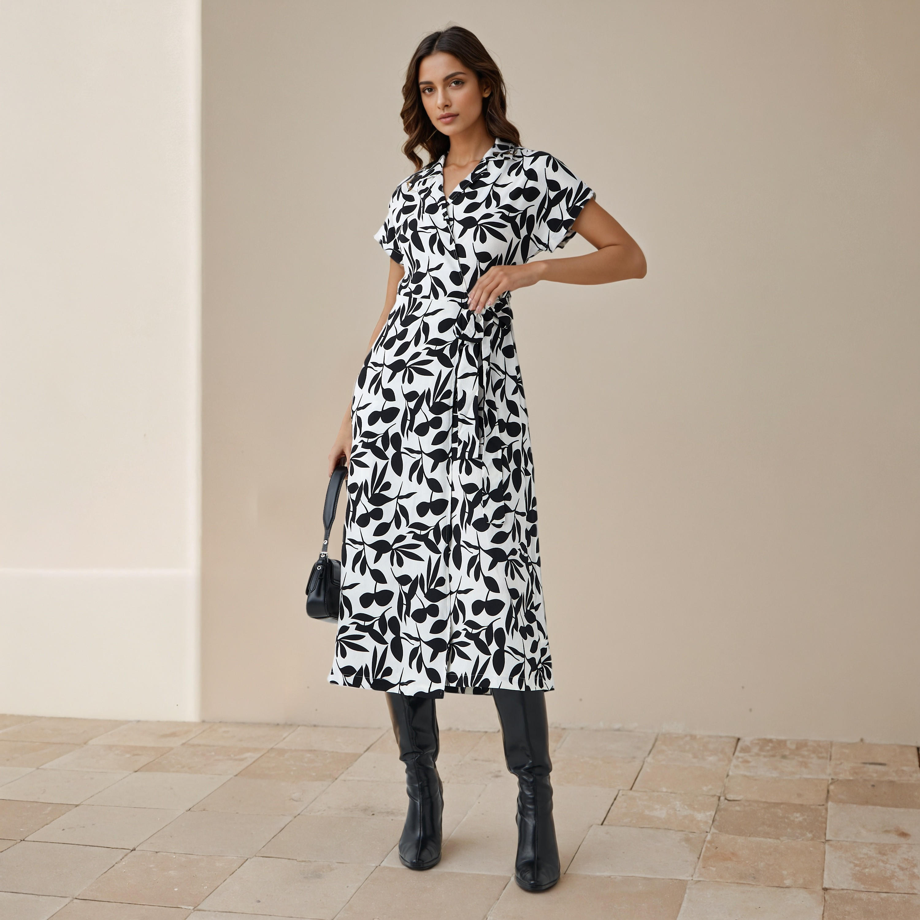 Leaf Print Wrap Style Women Dress with Tie-Up Detail-women-clothing-dresses-image-2