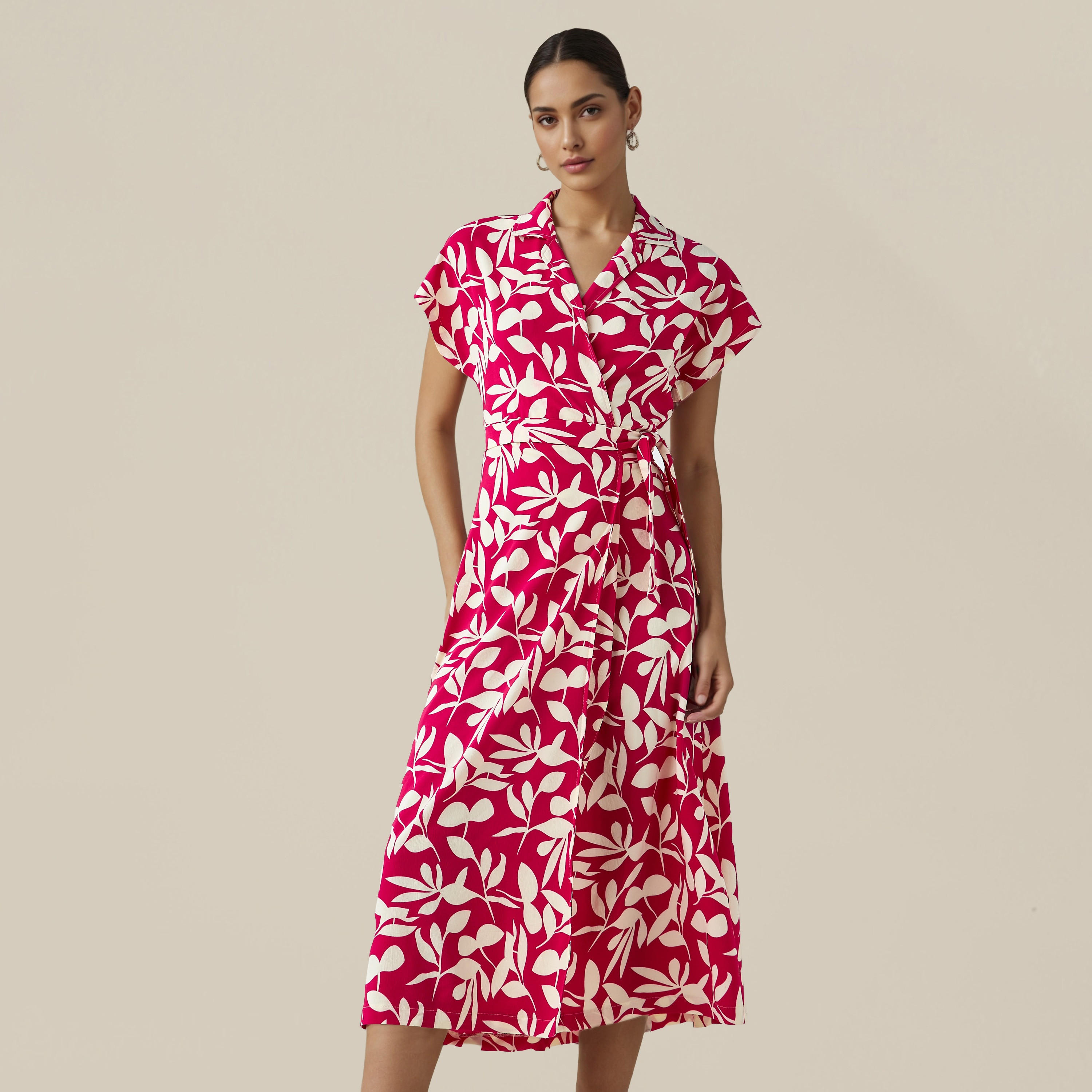 Leaf Print Wrap Style Women Dress with Tie-Up Detail-women-clothing-dresses-image-1