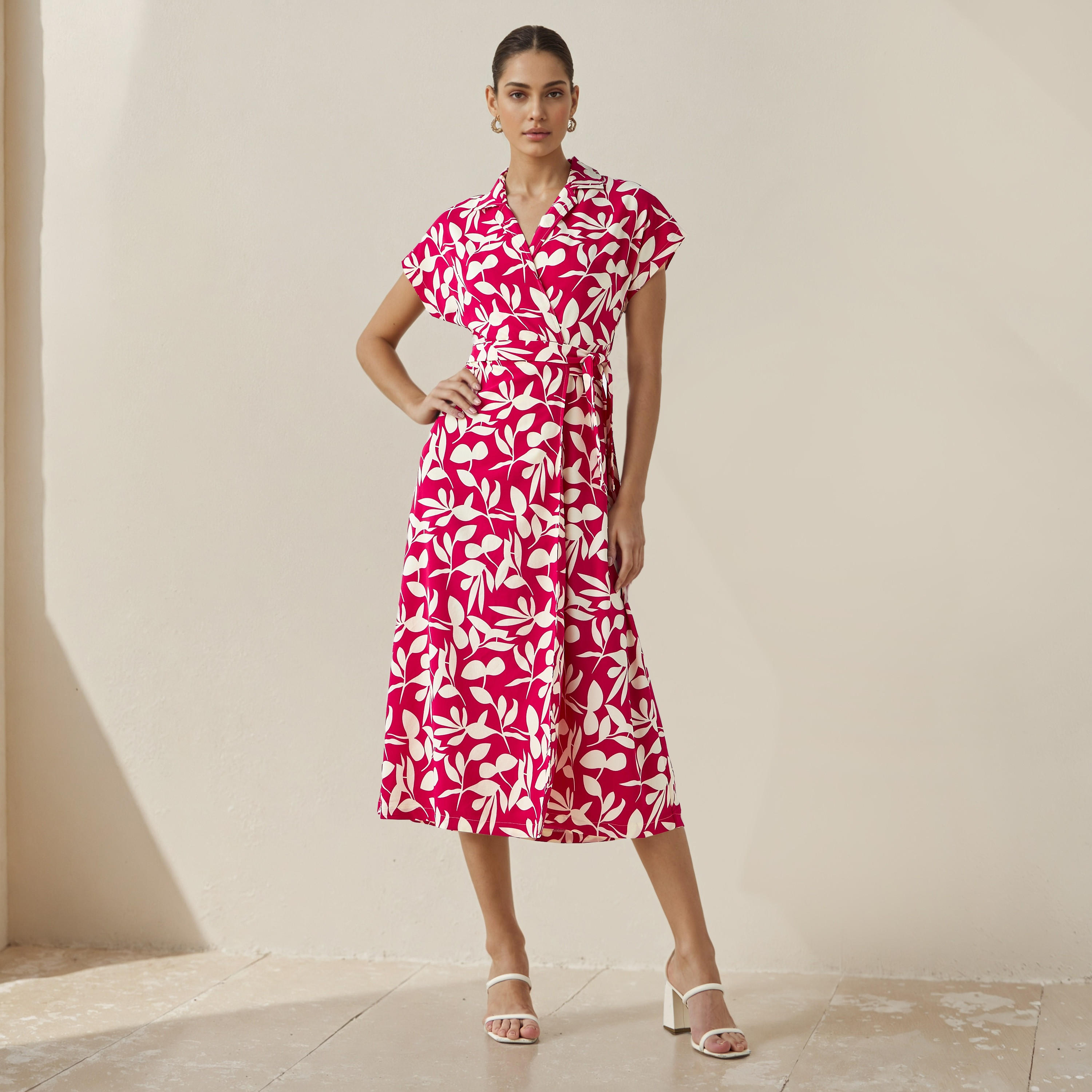 Leaf Print Wrap Style Women Dress with Tie-Up Detail-women-clothing-dresses-image-2