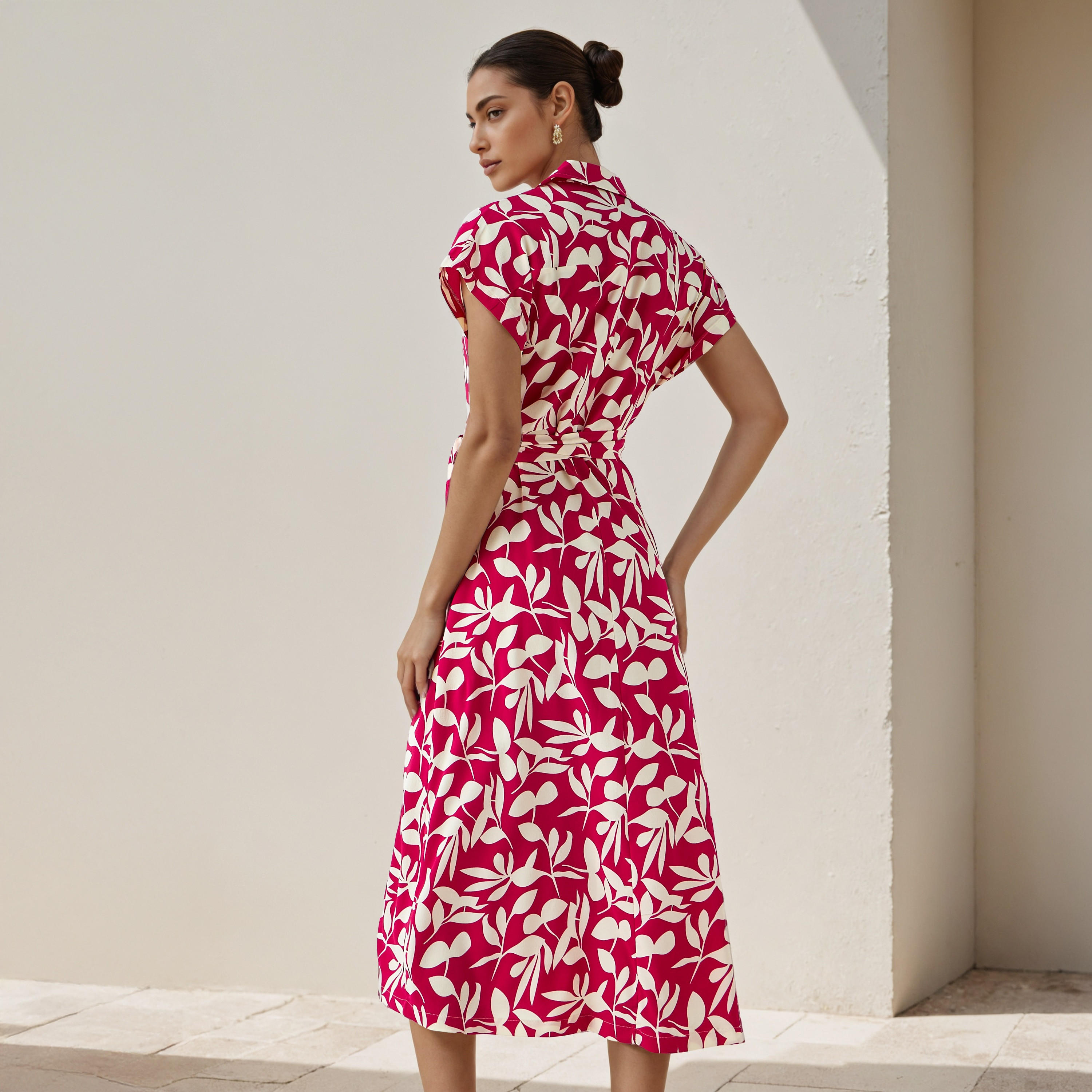 Leaf Print Wrap Style Women Dress with Tie-Up Detail-women-clothing-dresses-image-3