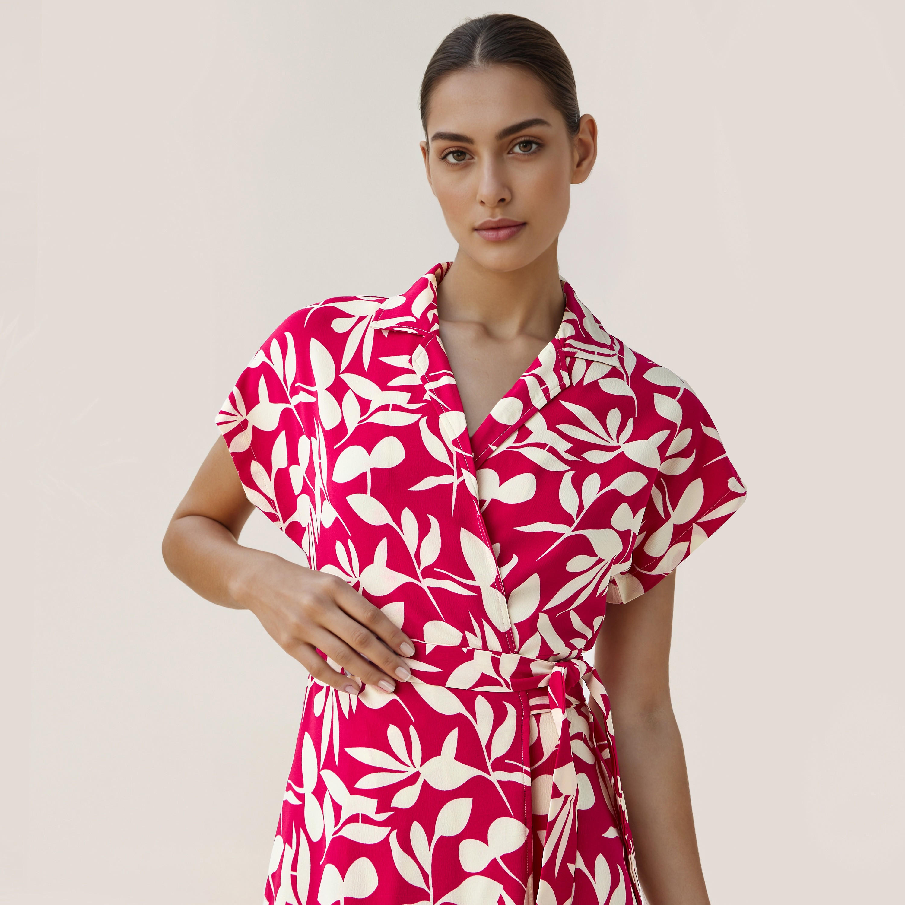 Leaf Print Wrap Style Women Dress with Tie-Up Detail-women-clothing-dresses-image-4
