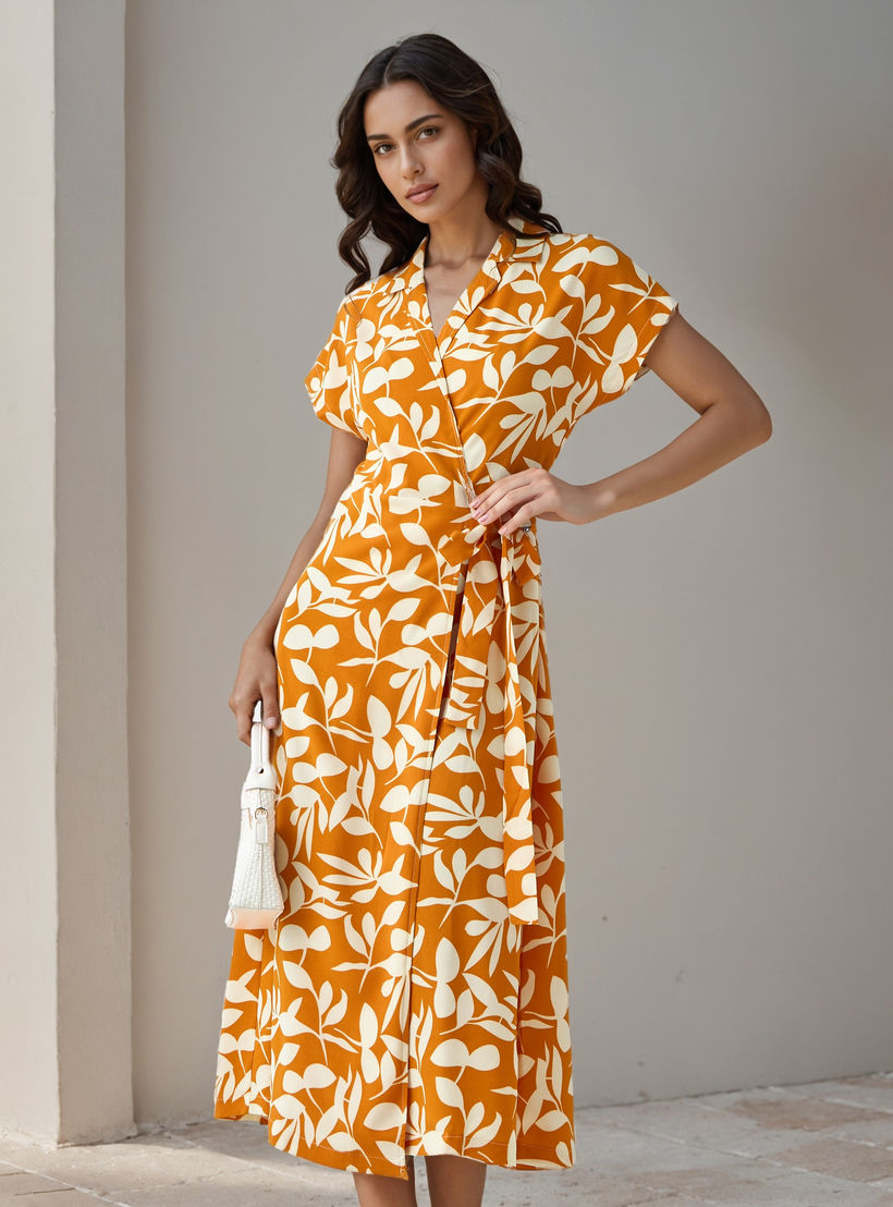 Leaf Print Wrap Style Women Dress with Tie-Up Detail-PROMO_SP_AE_2FOR169_110625-image-1