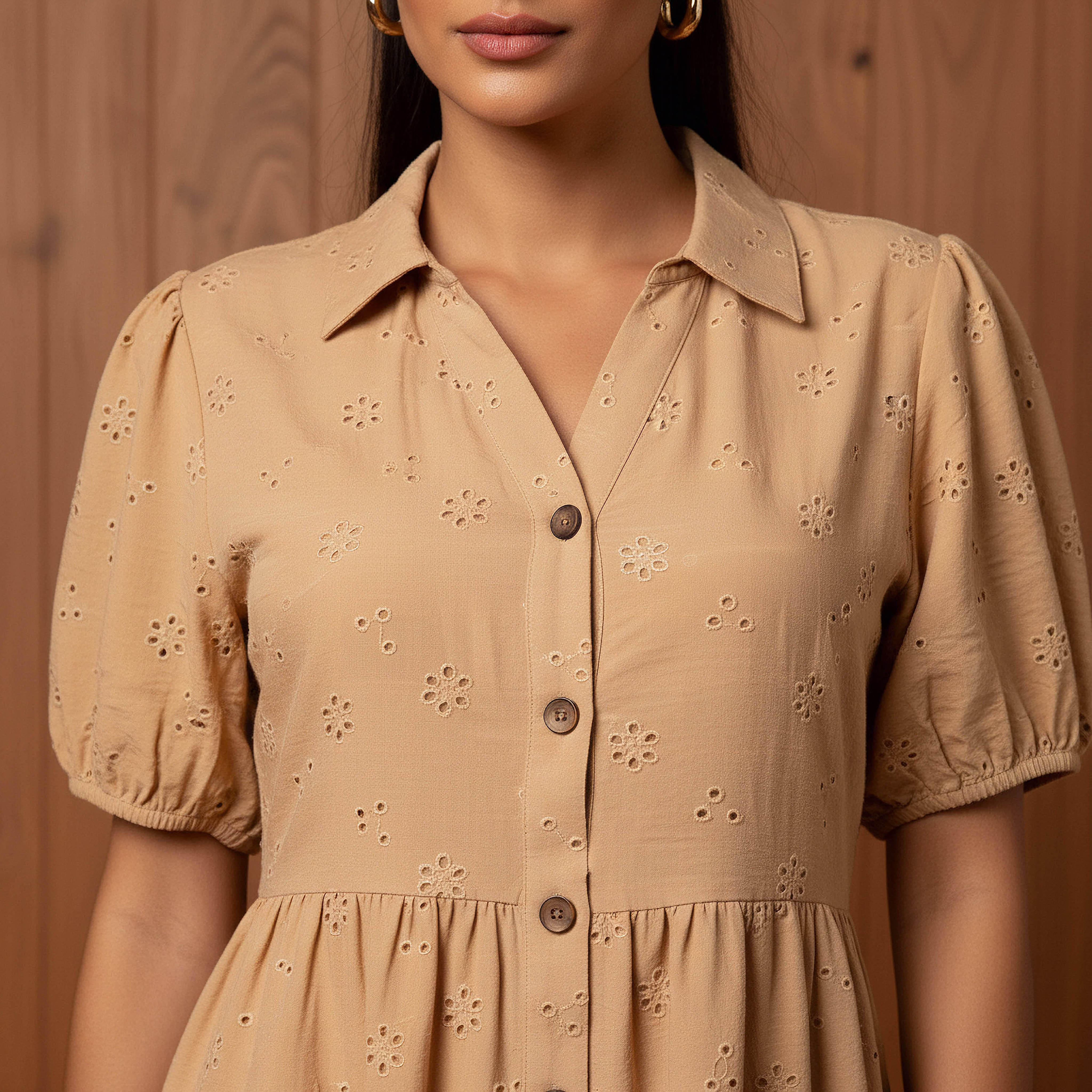 Schiffli Textured Tiered Women Dress with Collar-women-clothing-dresses-image-4