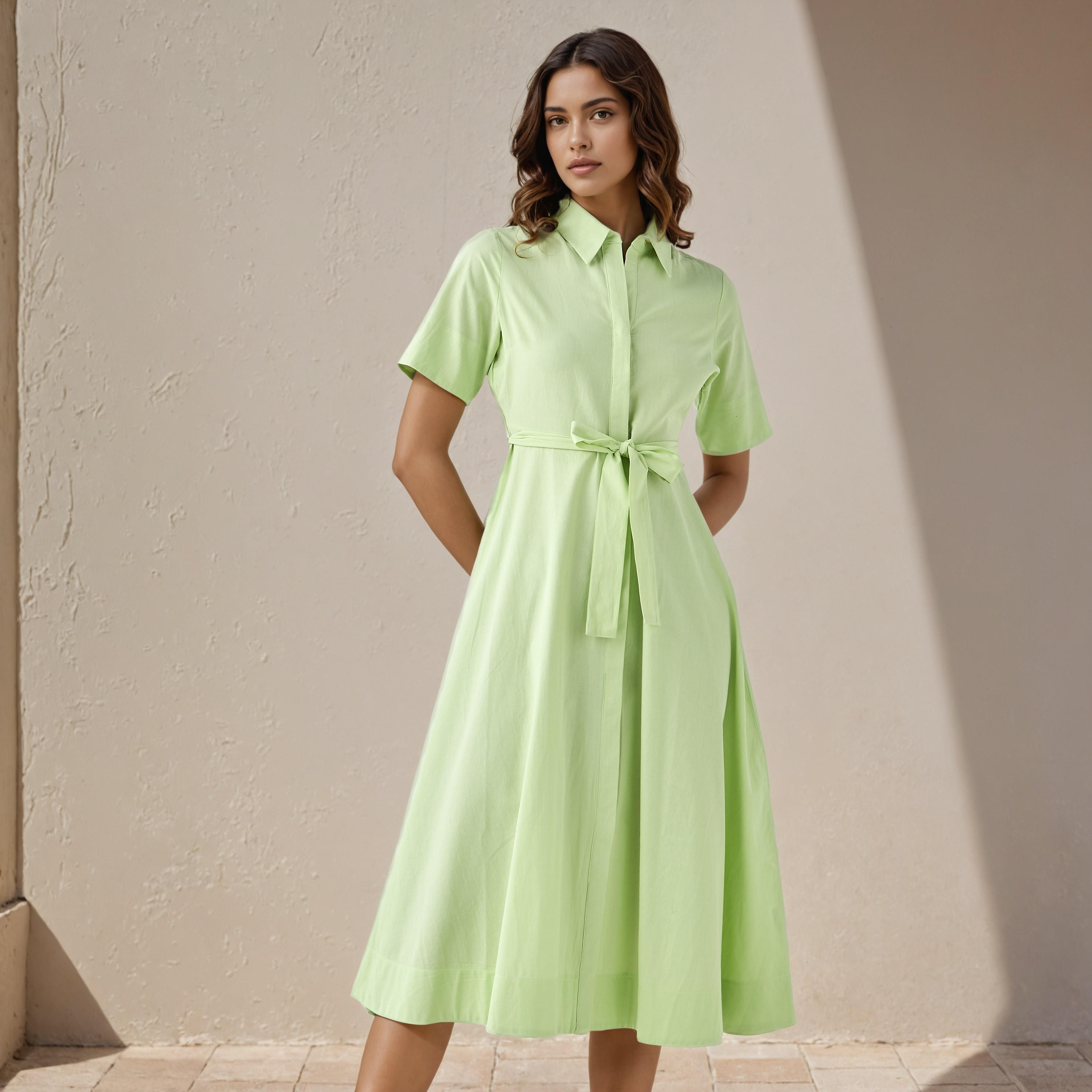Shirt Midi Cotton Dress with Waist Tie-Up-women-clothing-dresses-image-1