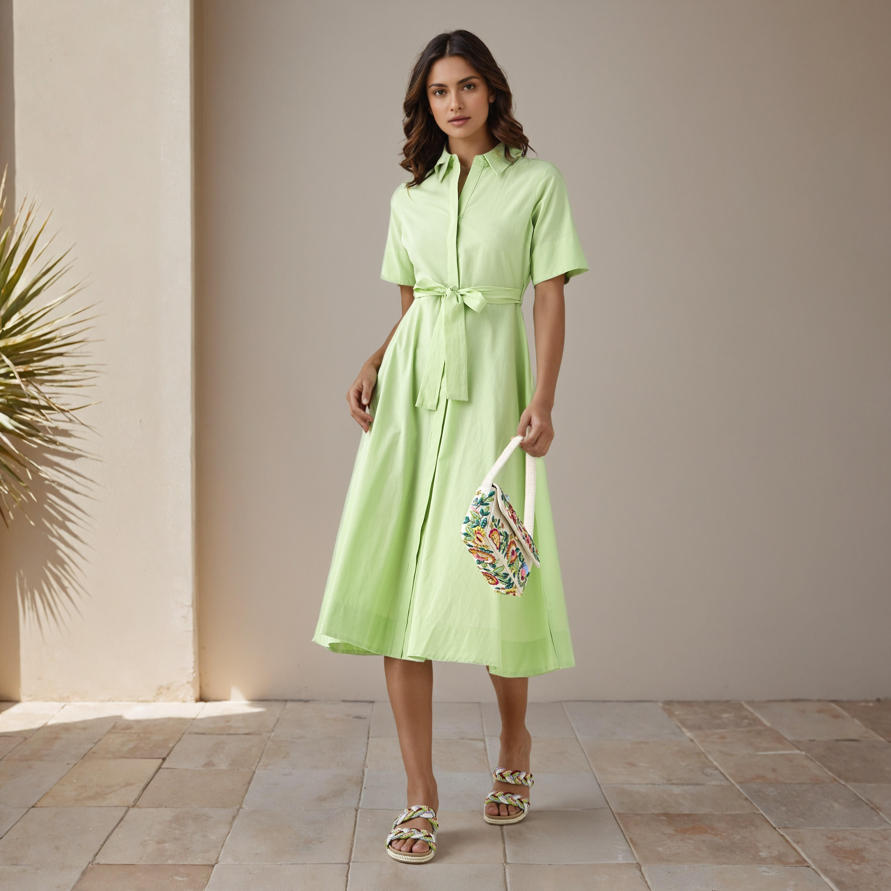 Shirt Midi Cotton Dress with Waist Tie-Up-women-clothing-dresses-image-2