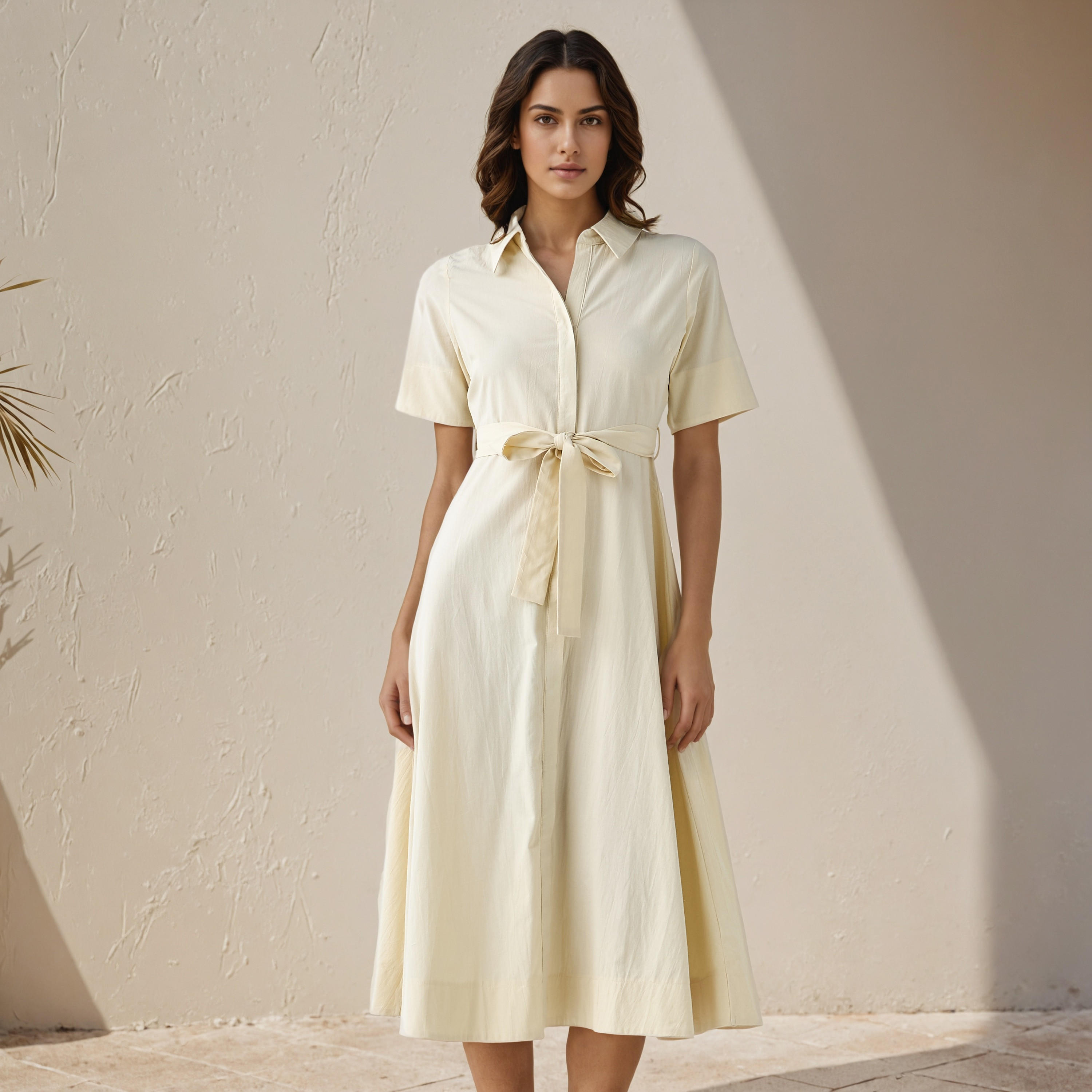 Shirt Midi Cotton Dress with Waist Tie-Up-women-clothing-dresses-image-1