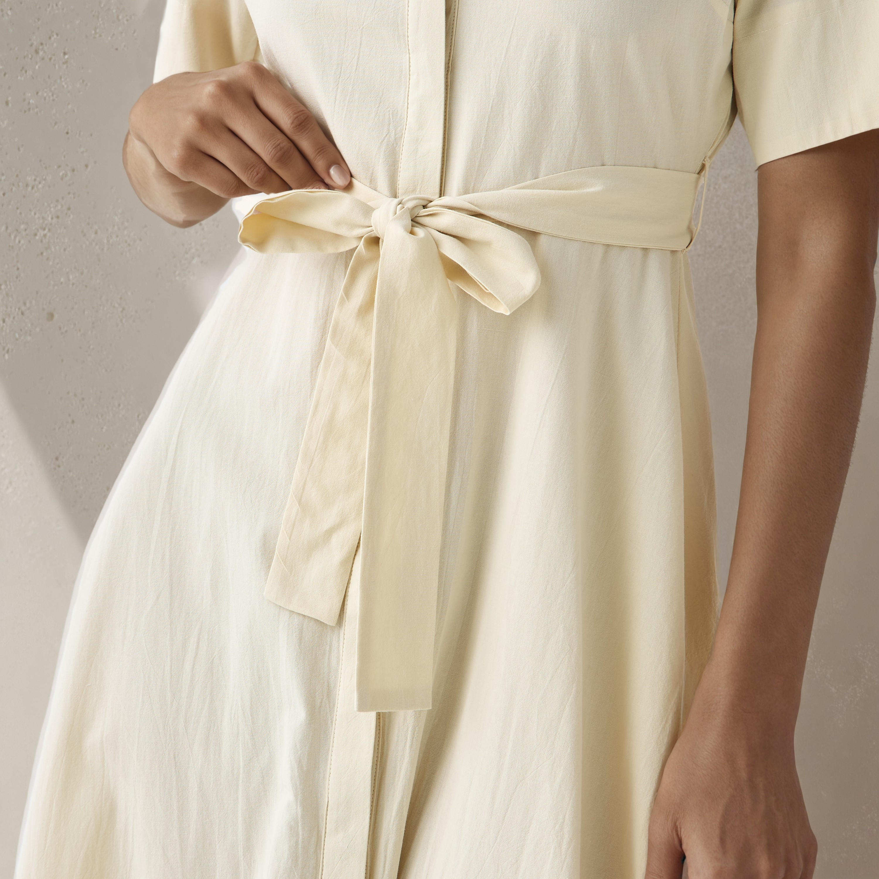 Shirt Midi Cotton Dress with Waist Tie-Up-women-clothing-dresses-image-5
