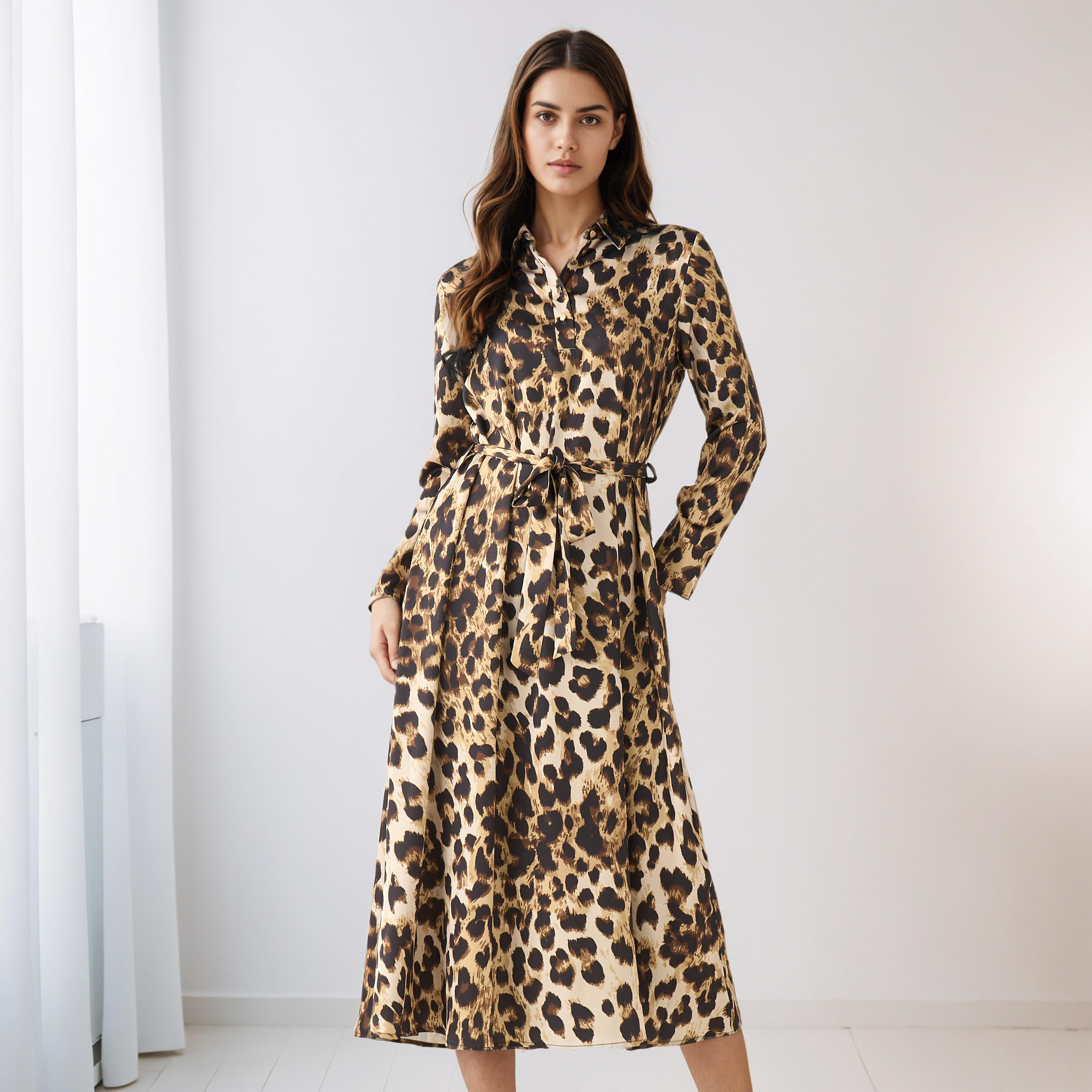 Animal Print Shirt Dress with Tie-Up Detail-women-clothing-dresses-image-1